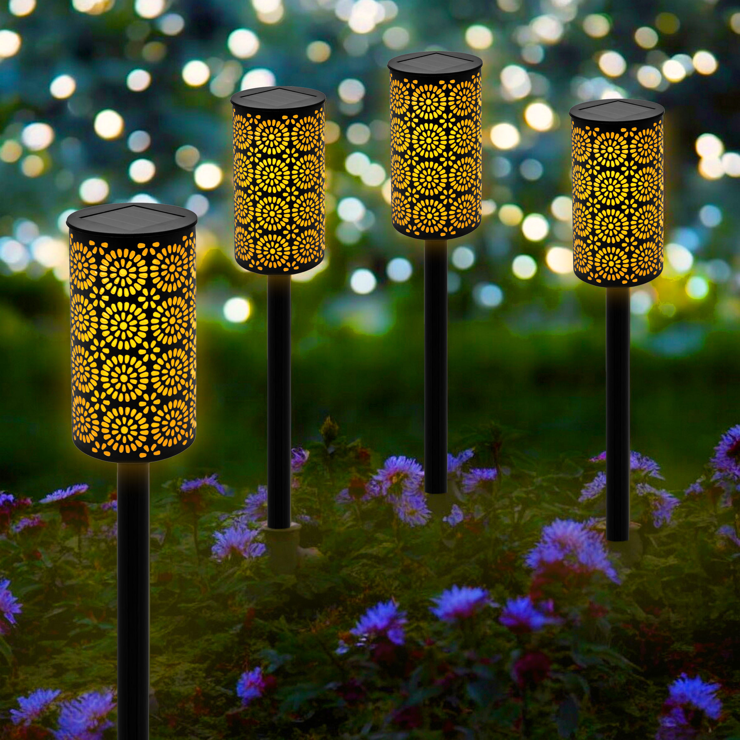 LED Solar Gartenfackel mit Blumen Muster 49 x 7 cm - 12er Set - Wegeleuchte mit realistischem Flammeneffekt