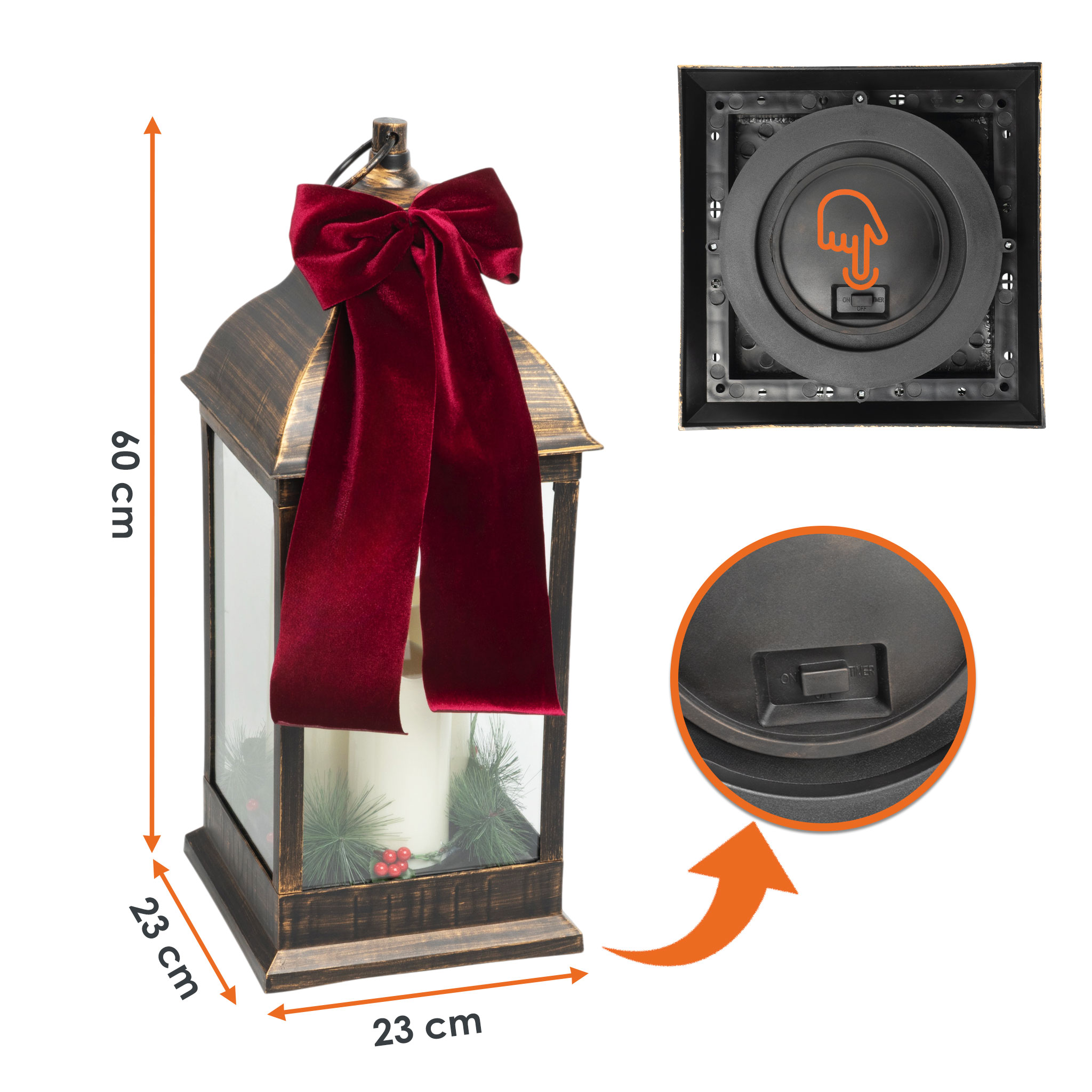 XXL Laterne antik bronze mit 3 LED Kerzen mit Timer Funktion für Außen - 60 x 23 cm - Kunststoff Windlicht warm weiß beleuchtet batteriebetrieben