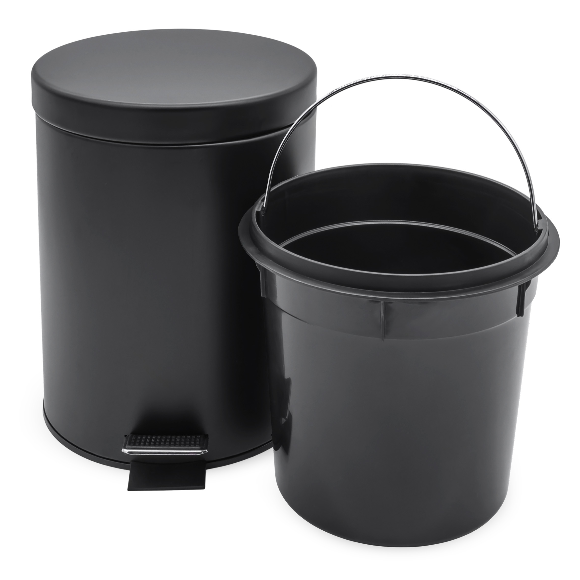 Edelstahl Tretmülleimer rund schwarz matt 27 x 20 cm mit Deckel - 5 L - Metall Mülleimer mit Fußpedal und entnehmbarem Inneneimer