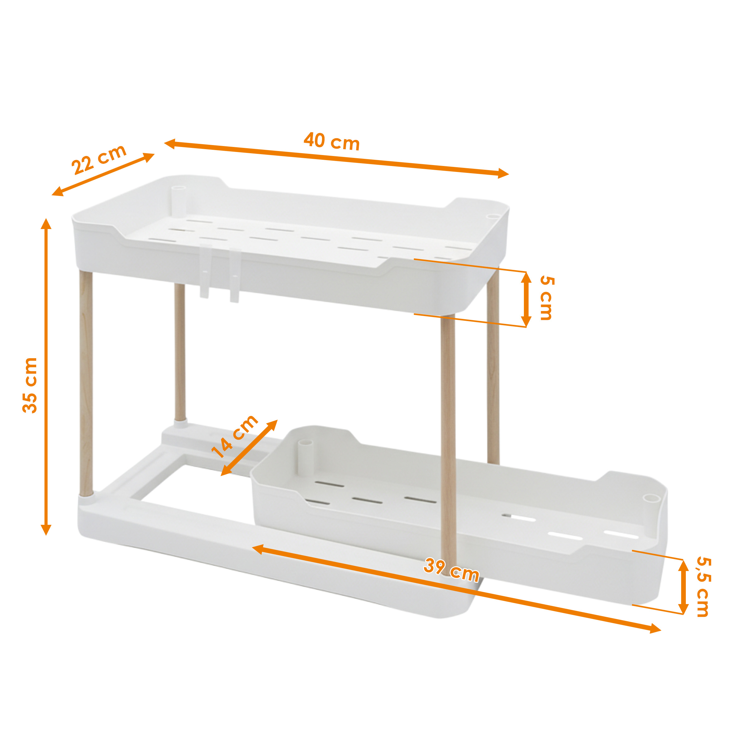 Schubladenturm mit 2 Ebenen 40 cm x 35 cm für Küchenschrank - weiß - Unterschrank Organizer mit ausziehbarer Schublade