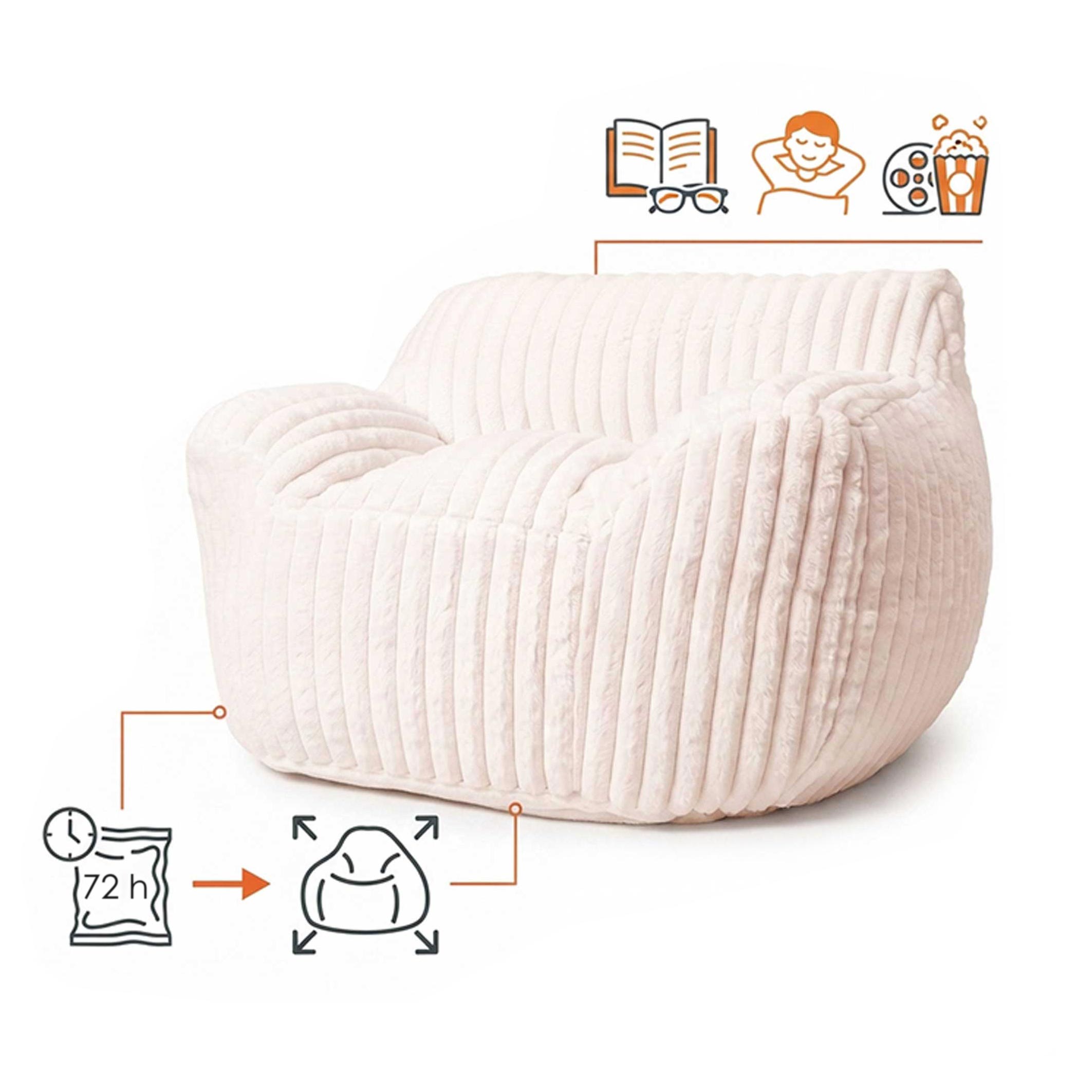 Lounge Sessel cremeweiß mit Armlehnen 104 x 96 cm - Cord - XL Sitzsack beige mit Schaumstoff Füllung