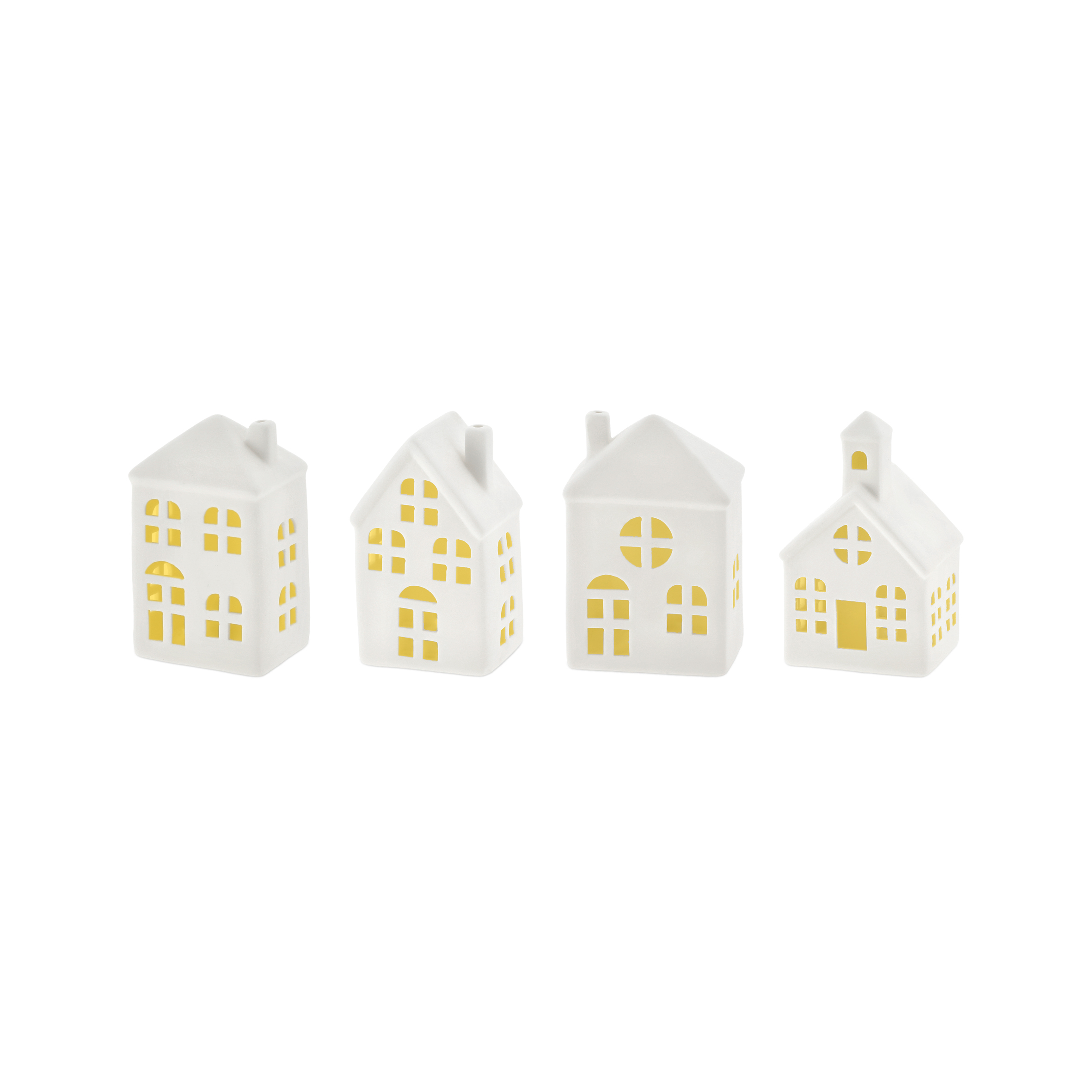 LED Keramik Haus weiß 11 cm - 4er Set - Deko Weihnachtsdorf mit Beleuchtung in warm weiß