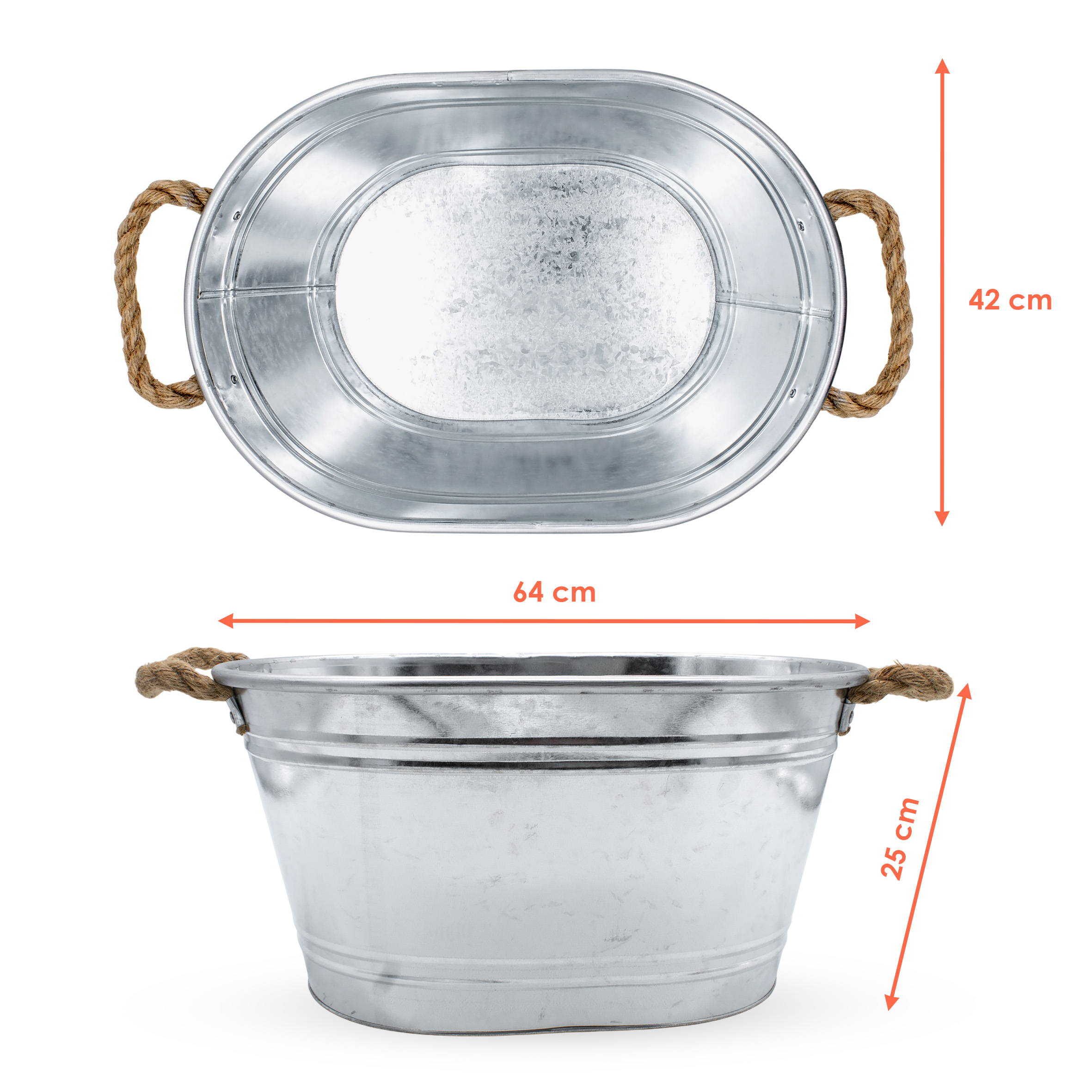 Zinkwanne Blumenkübel mit Griffen aus Jutekordel - 64 x 42 cm - Metallwanne Pflanztopf oval silber verzinkt