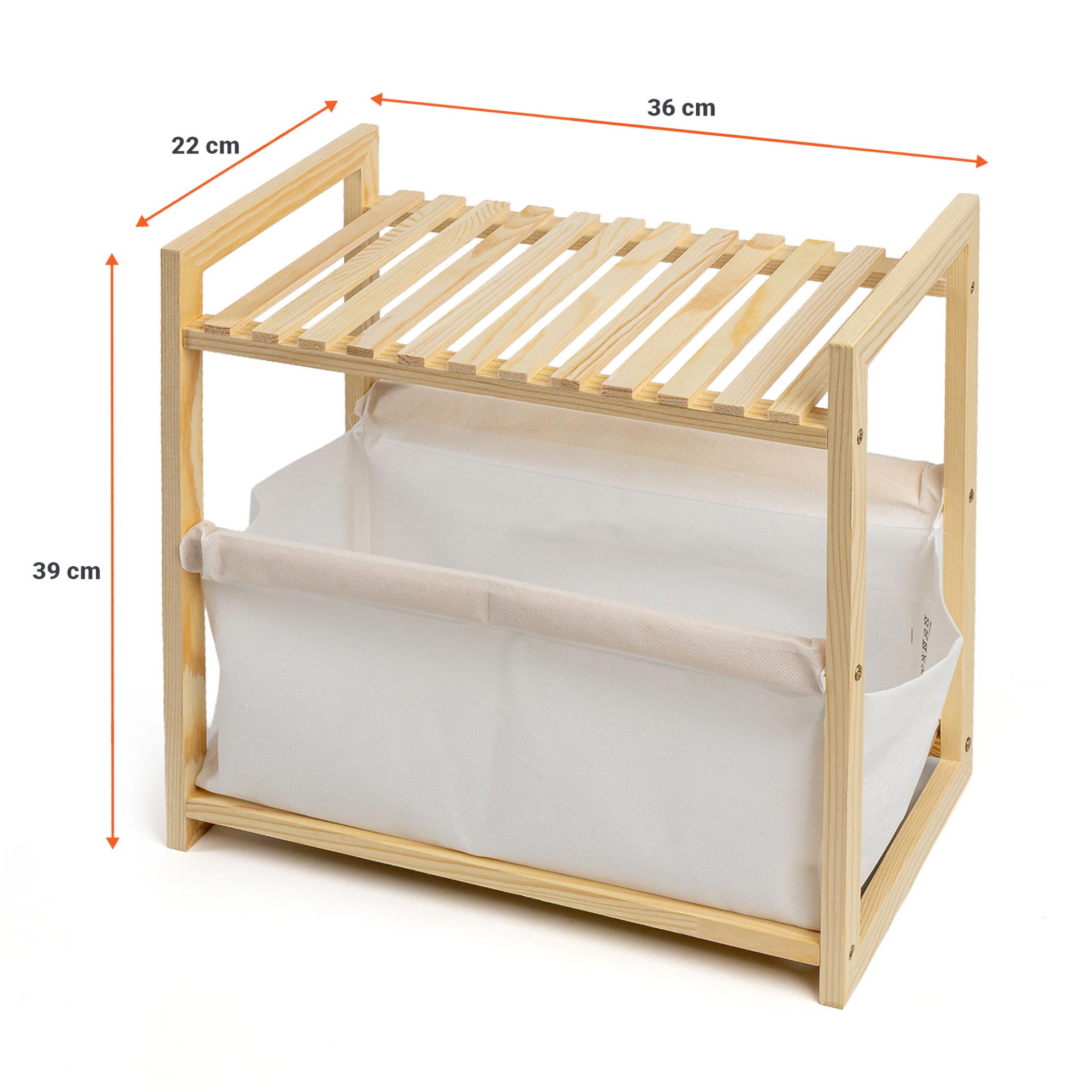 Holz Badezimmerregal natur mit Stoffkorb - 39 x 36 cm - Standregal im Scandi-Design klein mit Ablage und Korb