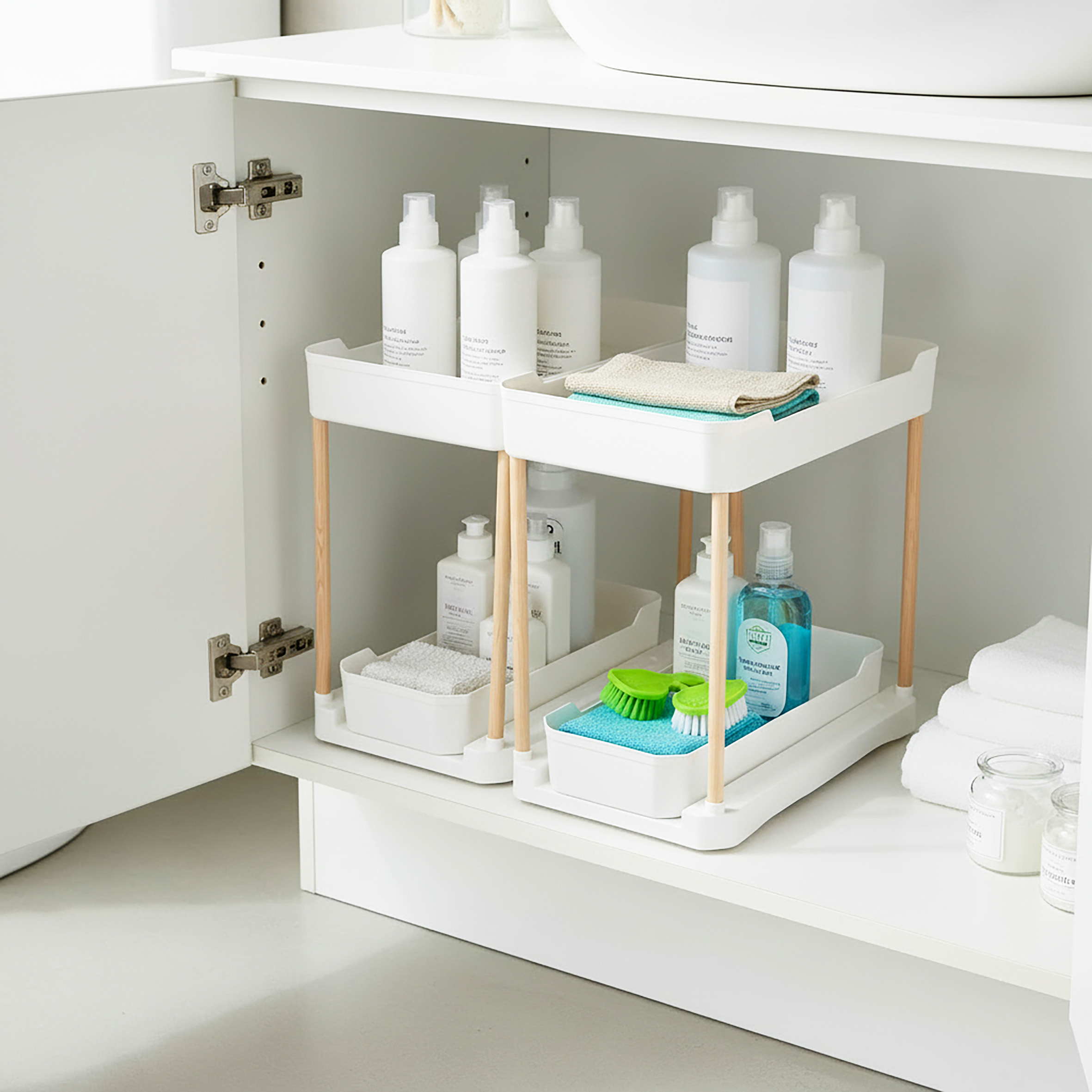 Schubladenturm mit 2 Ebenen 40 cm x 35 cm für Küchenschrank - weiß - Unterschrank Organizer mit ausziehbarer Schublade