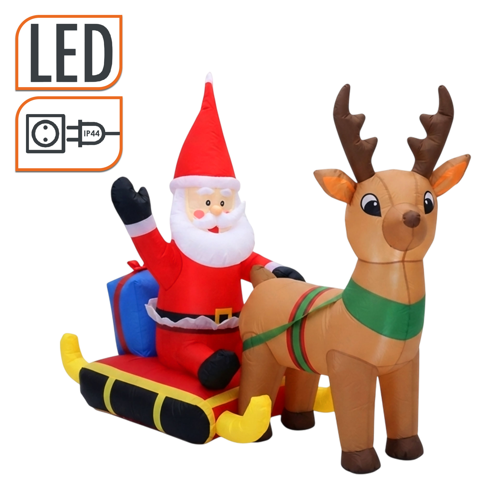 Aufblasbarer XL Rentierschlitten mit LED Beleuchtung und Stecker für Außen und Innen - 200 x 130 cm - Riesen Weihnachtsfigur selbstaufblasend bunt beleuchtet
