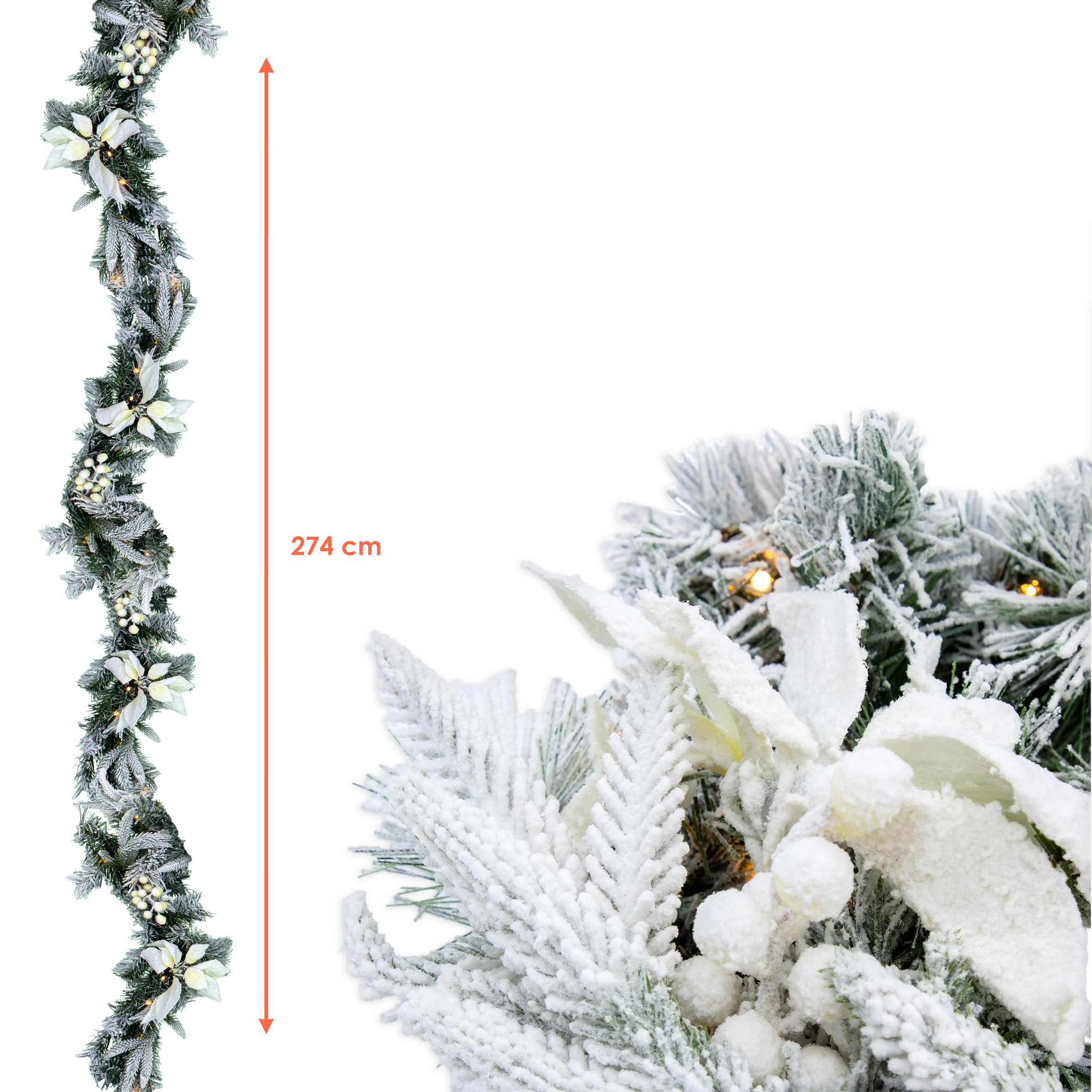 LED Tannengirlande mit Schnee und Blumen warm weiß beleuchtet - 274 cm / 50 LED - Weihnachtsgirlande Batterie betrieben mit Timer