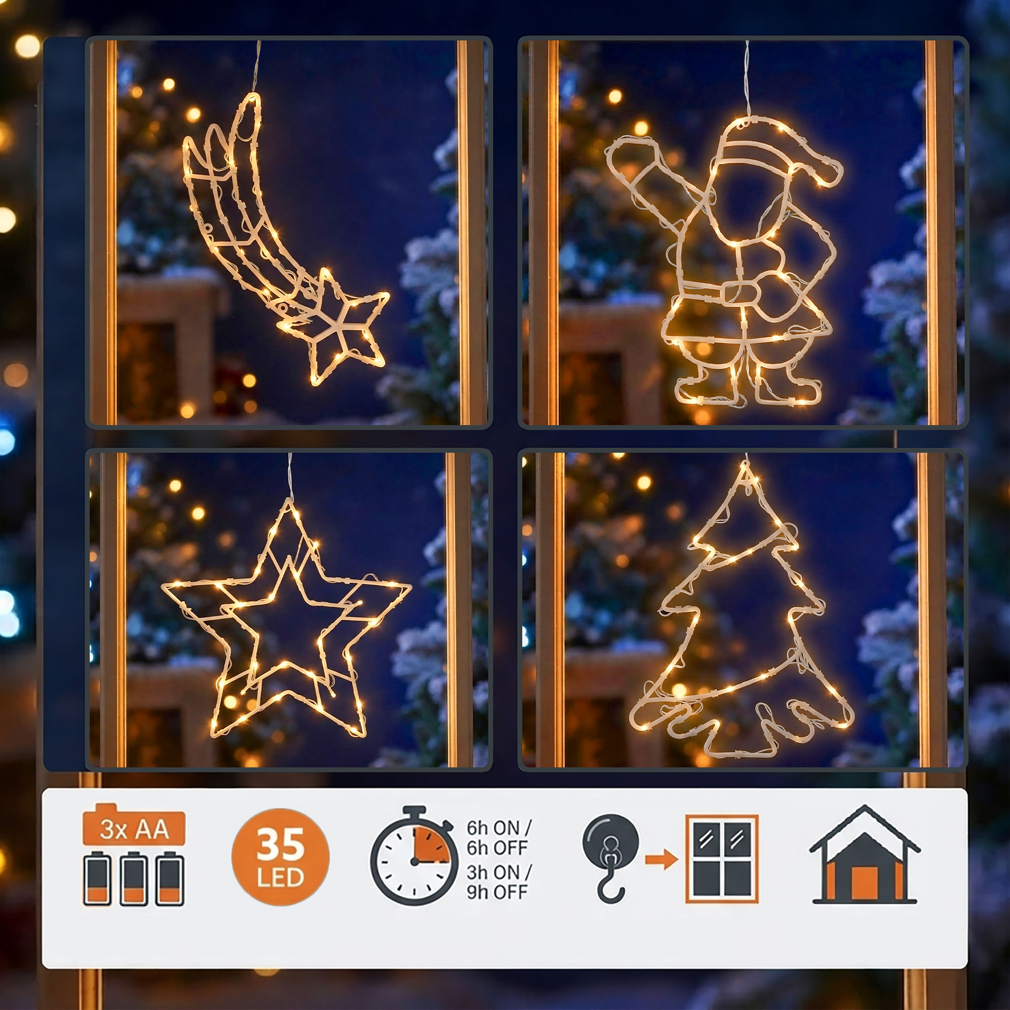 LED Fenster Silhouette mit Dual Timer - 4 Motive in 2 Größen - Deko Weihnachts Beleuchtung Batterie betrieben