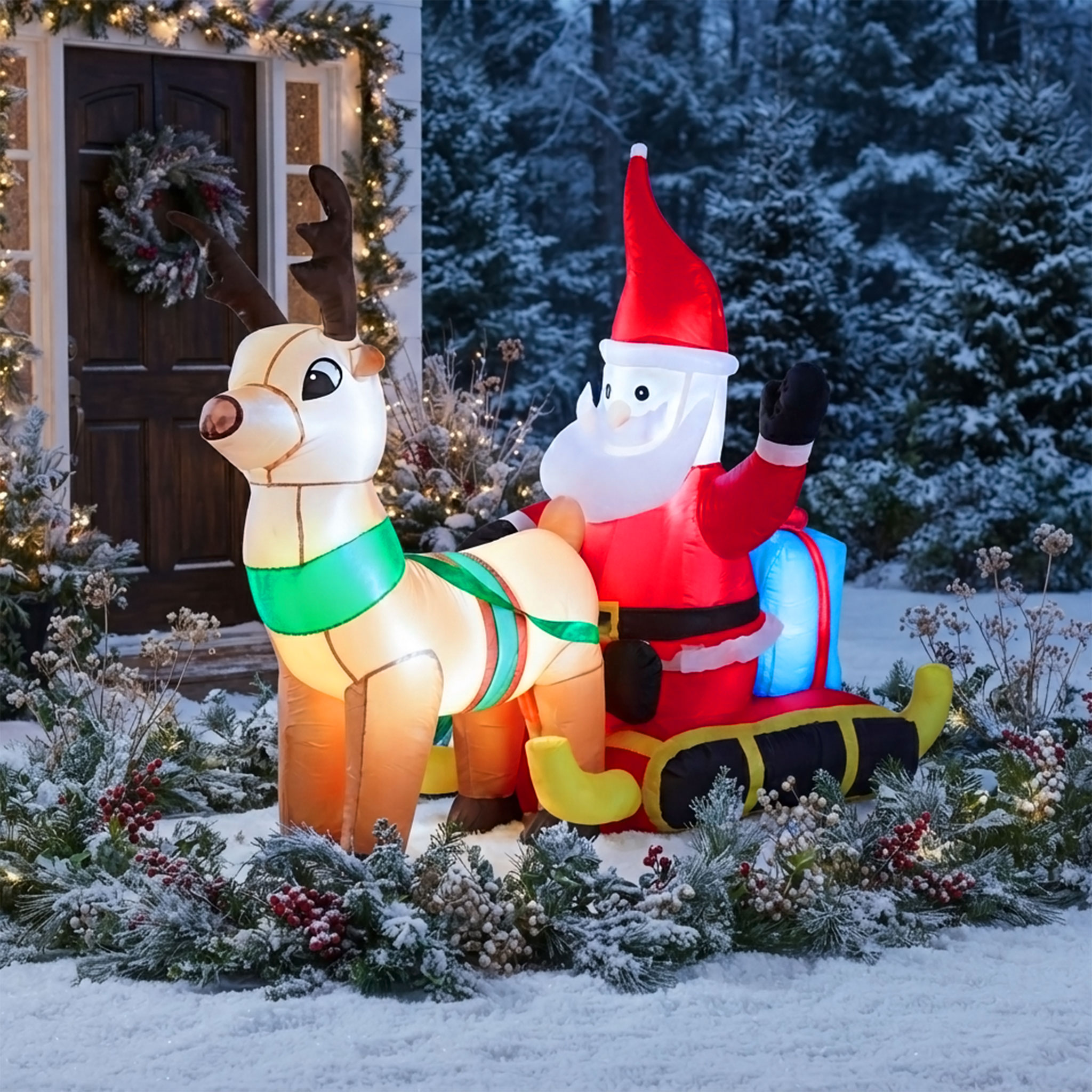 Aufblasbarer XL Rentierschlitten mit LED Beleuchtung und Stecker für Außen und Innen - 200 x 130 cm - Riesen Weihnachtsfigur selbstaufblasend bunt beleuchtet