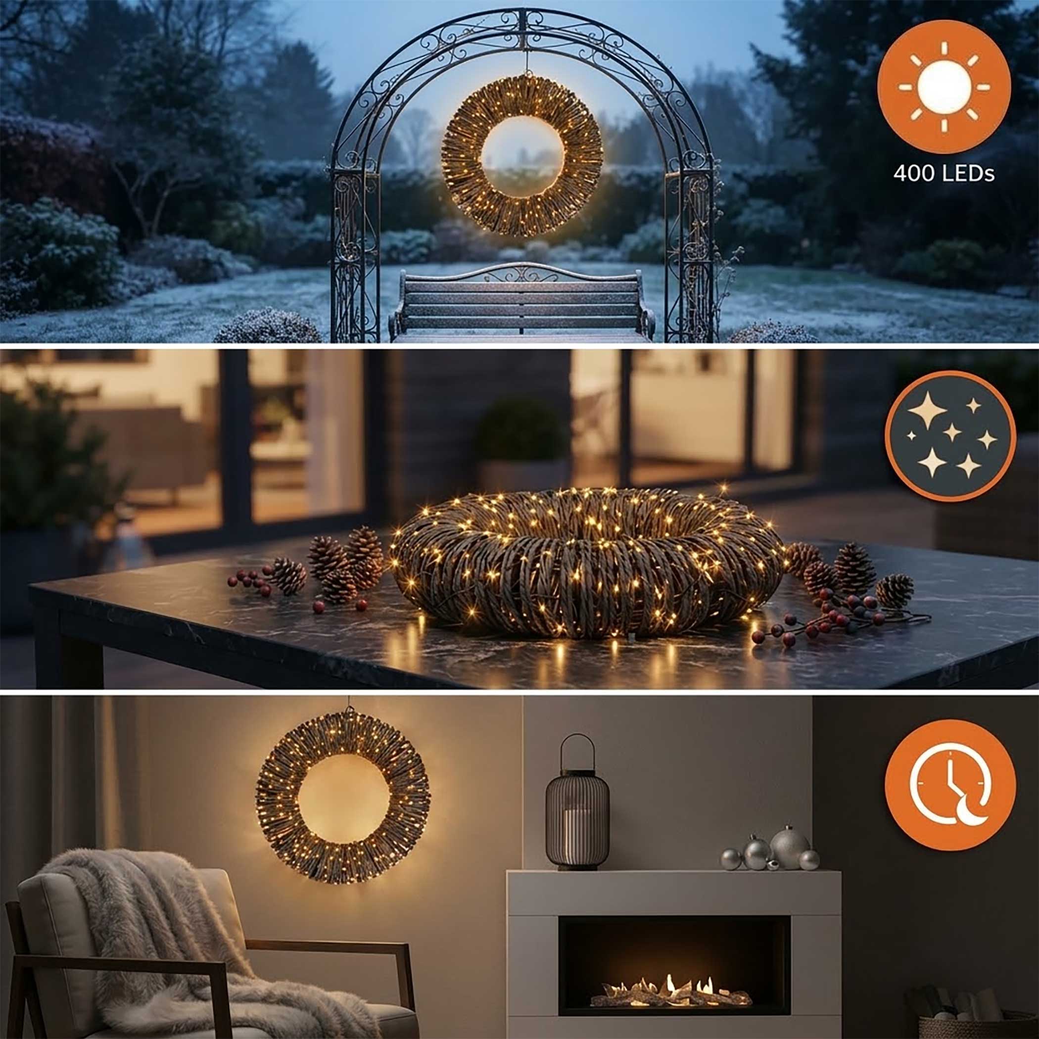 LED Rattankranz mit Twinkle Effekt für Außen mit Timer - 38 cm - Türkranz mit 400 flashing LEDs in extra warm weiß