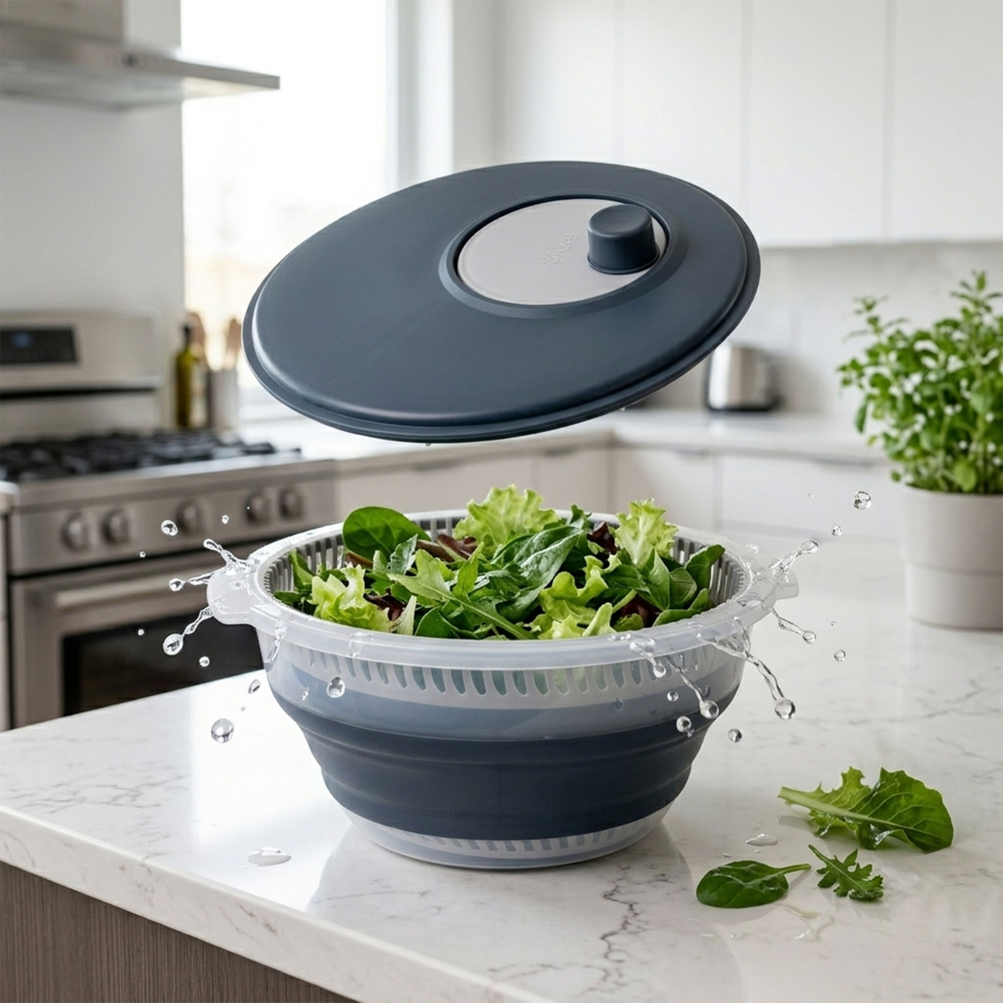 Salatschleuder faltbar Ø 27 cm mit Anti Rutsch Boden - 5 L - Salatschüssel mit Deckel und mit entnehmbaren Sieb