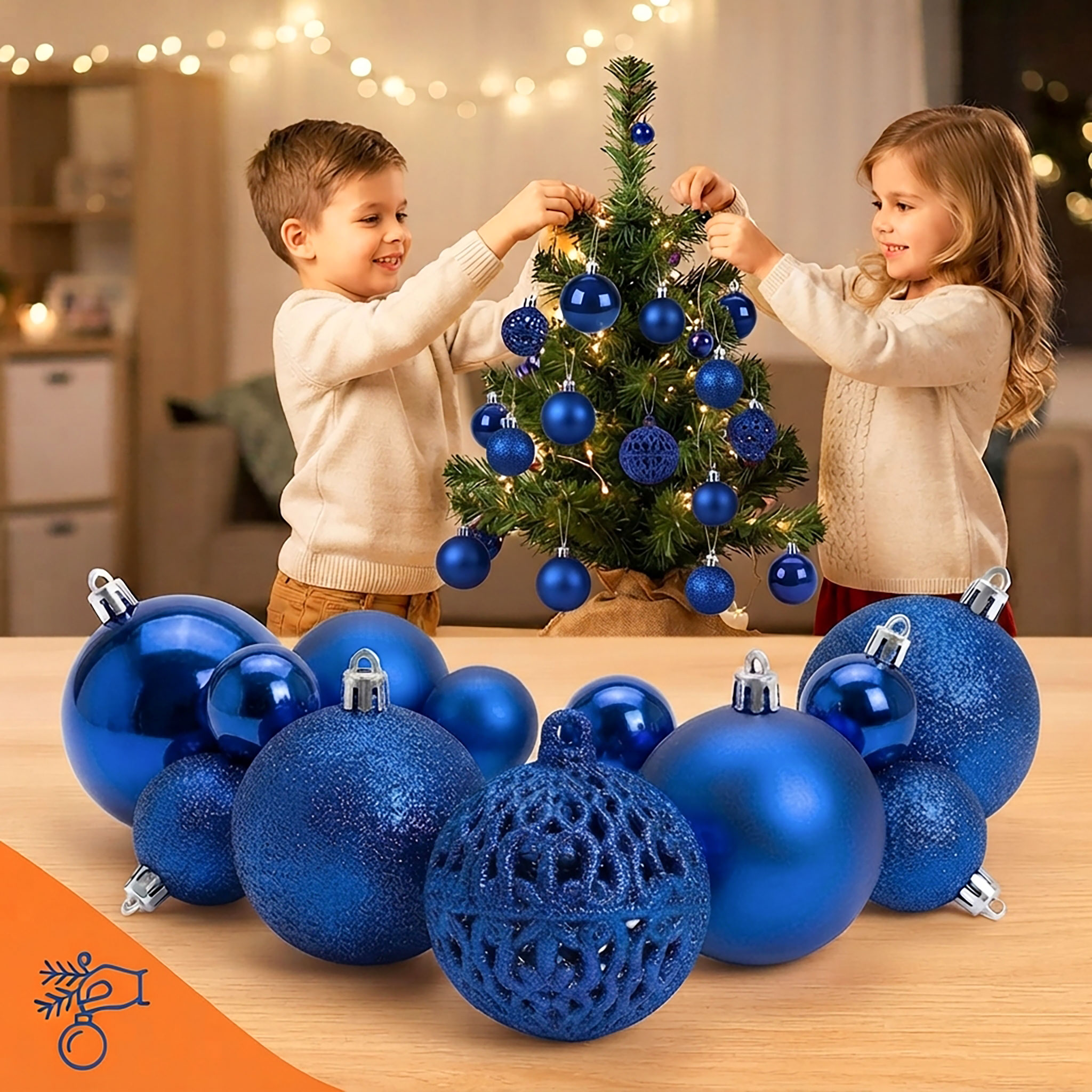Kunststoff Christbaumkugel Set 50-teilig bruchsicher - blau - Design Weihnachtskugeln inklusive Metall Haken