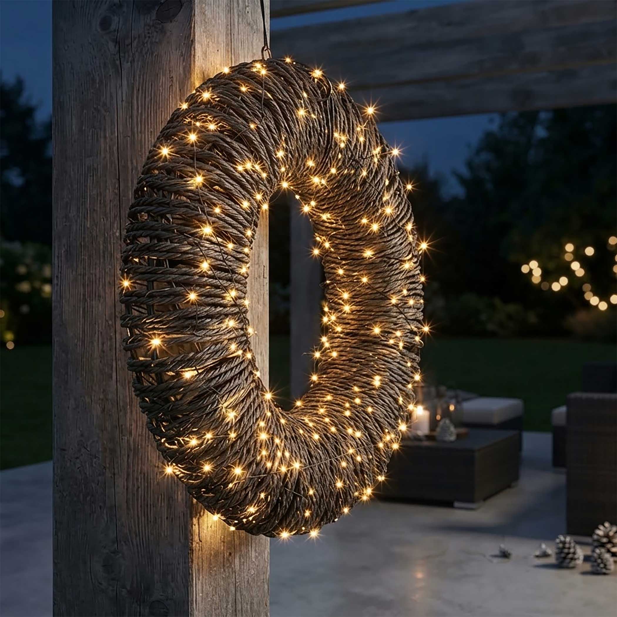 LED Rattankranz mit Twinkle Effekt für Außen mit Timer - 38 cm - Türkranz mit 400 flashing LEDs in extra warm weiß