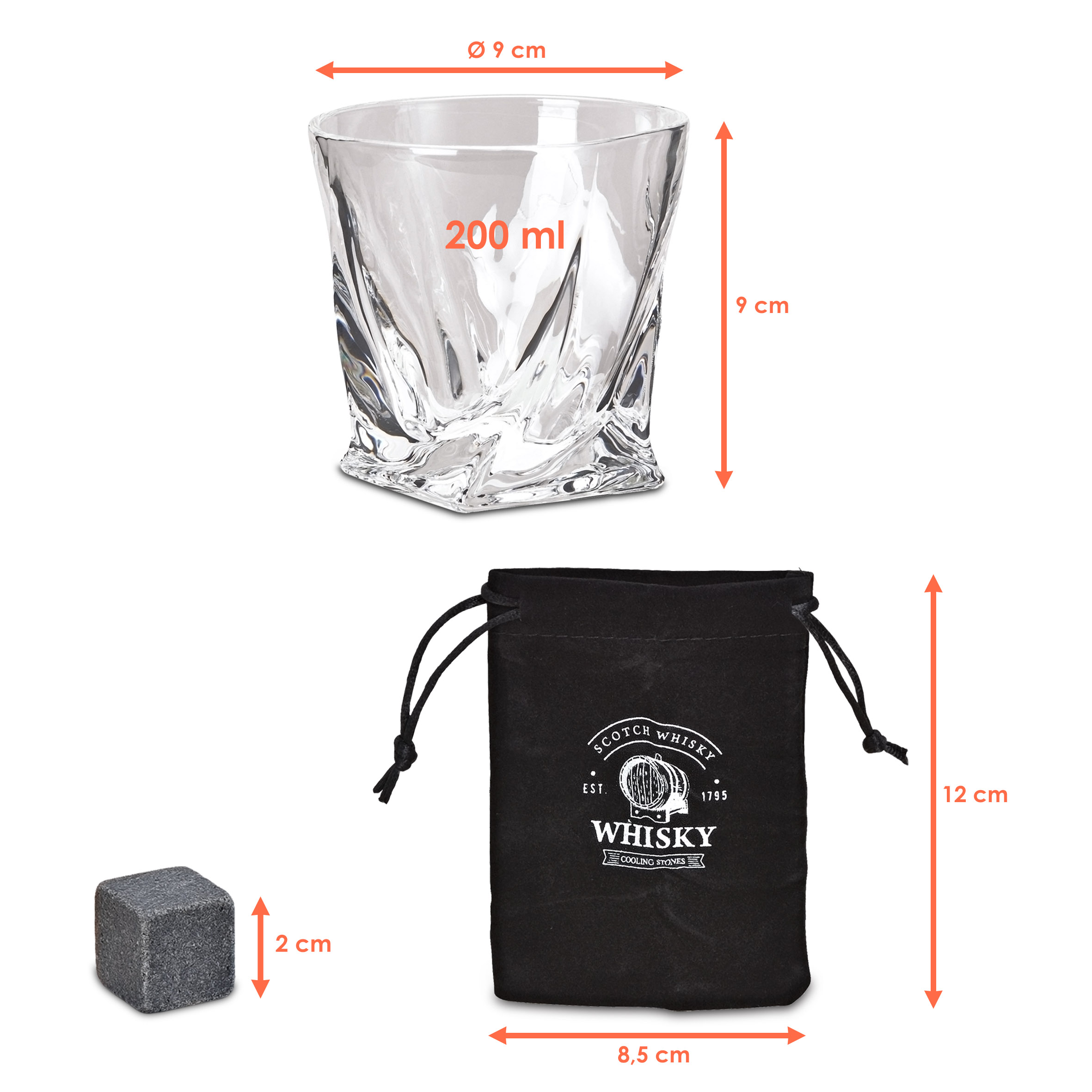 Whisky Glas Geschenk Set aus Kristallglas - 7-teilig - 2er Trinkglas Set mit 4x Basalt Kühlsteinen und Samtbeutel