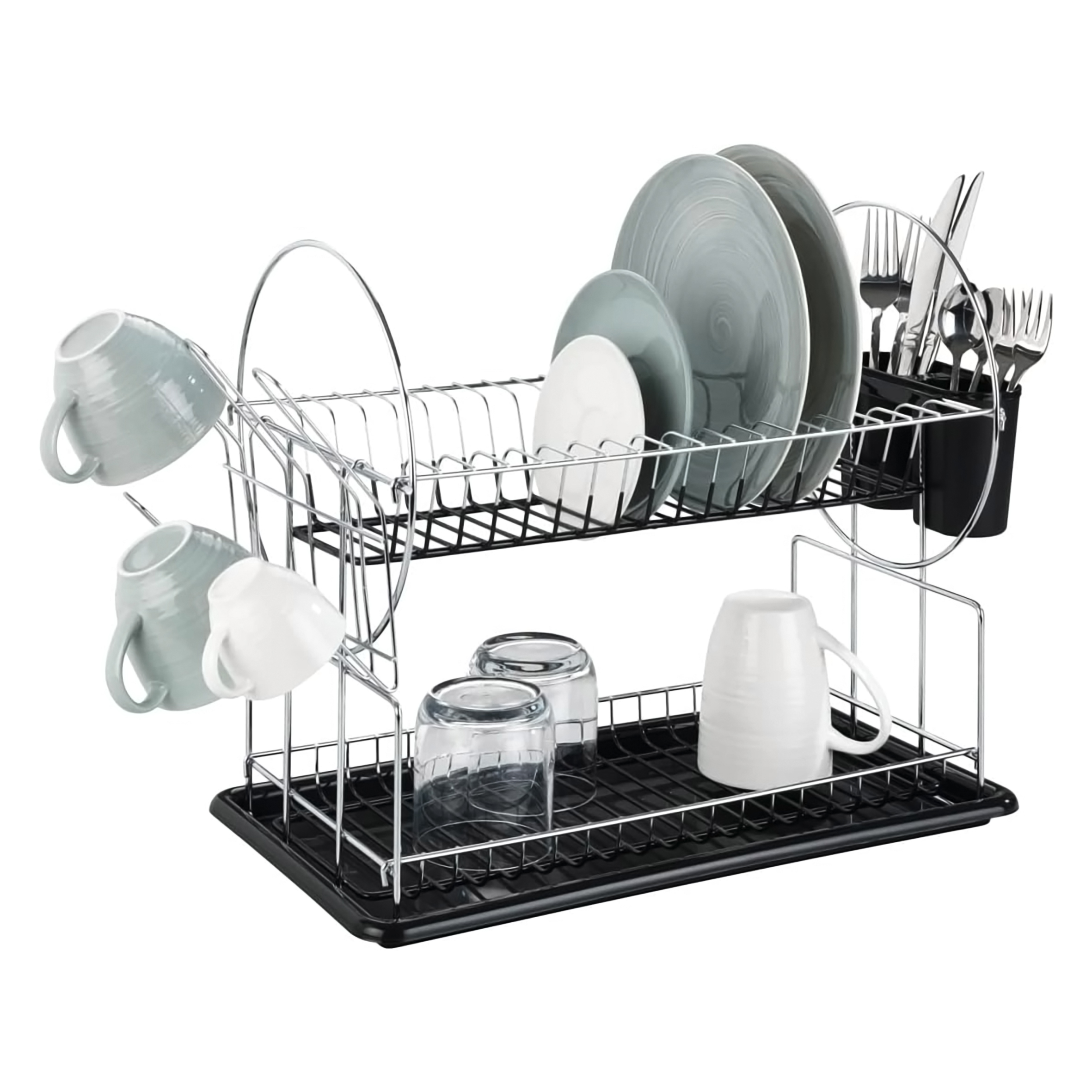 Metall Abtropfgestell mit Besteckkorb und Tassenhalter - 50 x 36 cm - Geschirr Abtropfgitter mit 2 Etagen und Antirutsch-Matte