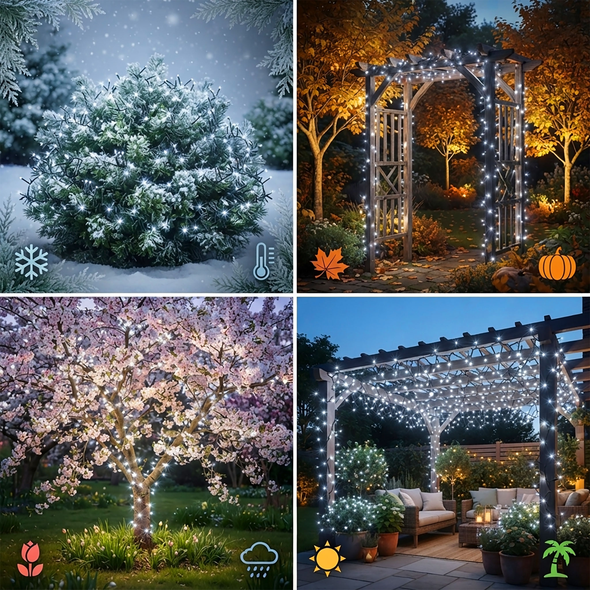 LED Büschel Lichterkette kalt weiß - 3 Längen - Garten Deko Beleuchtung mit 8 Funktionen