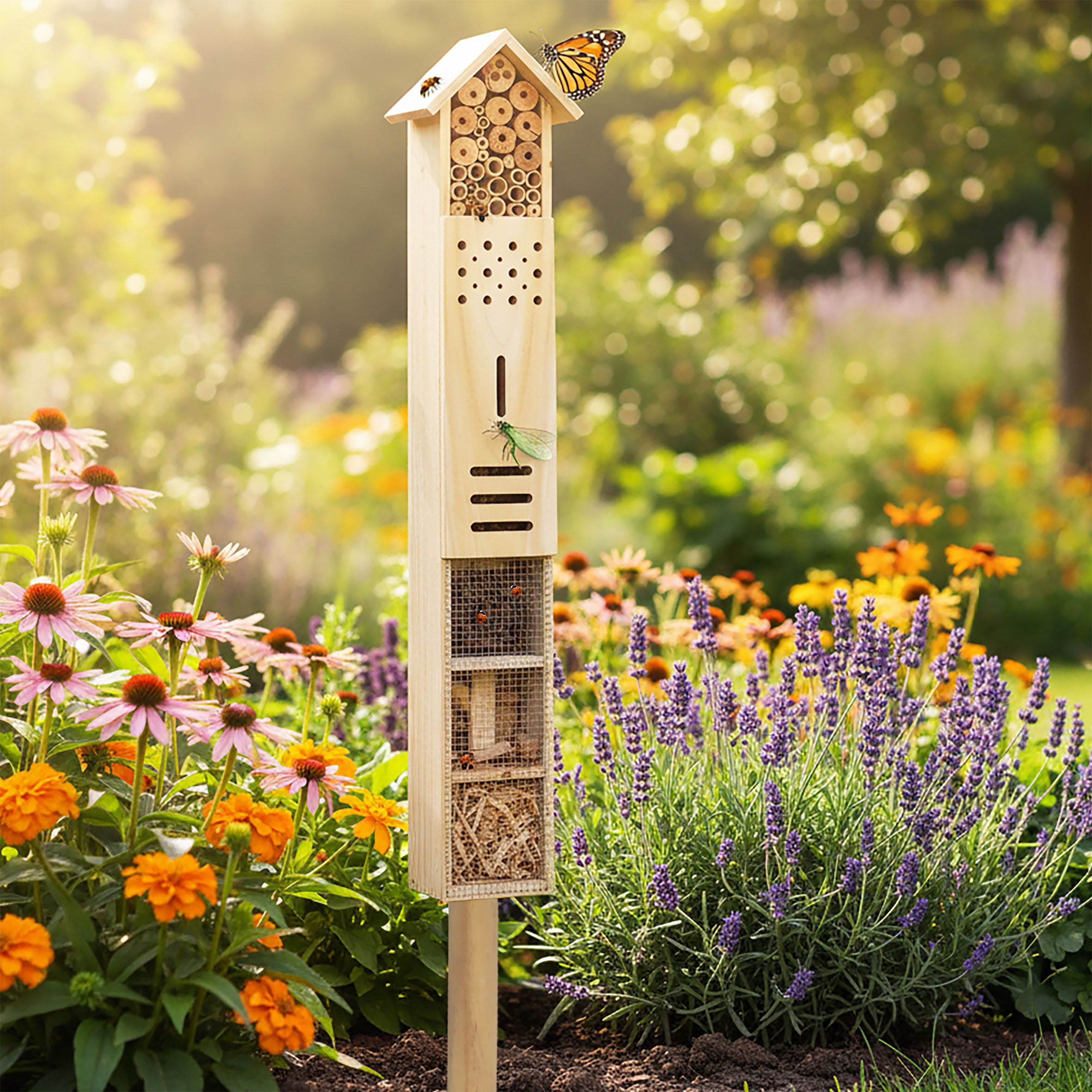 Insektenhotel mit Erdspieß - 79 cm - Insektenhaus aus Holz zum Aufstellen