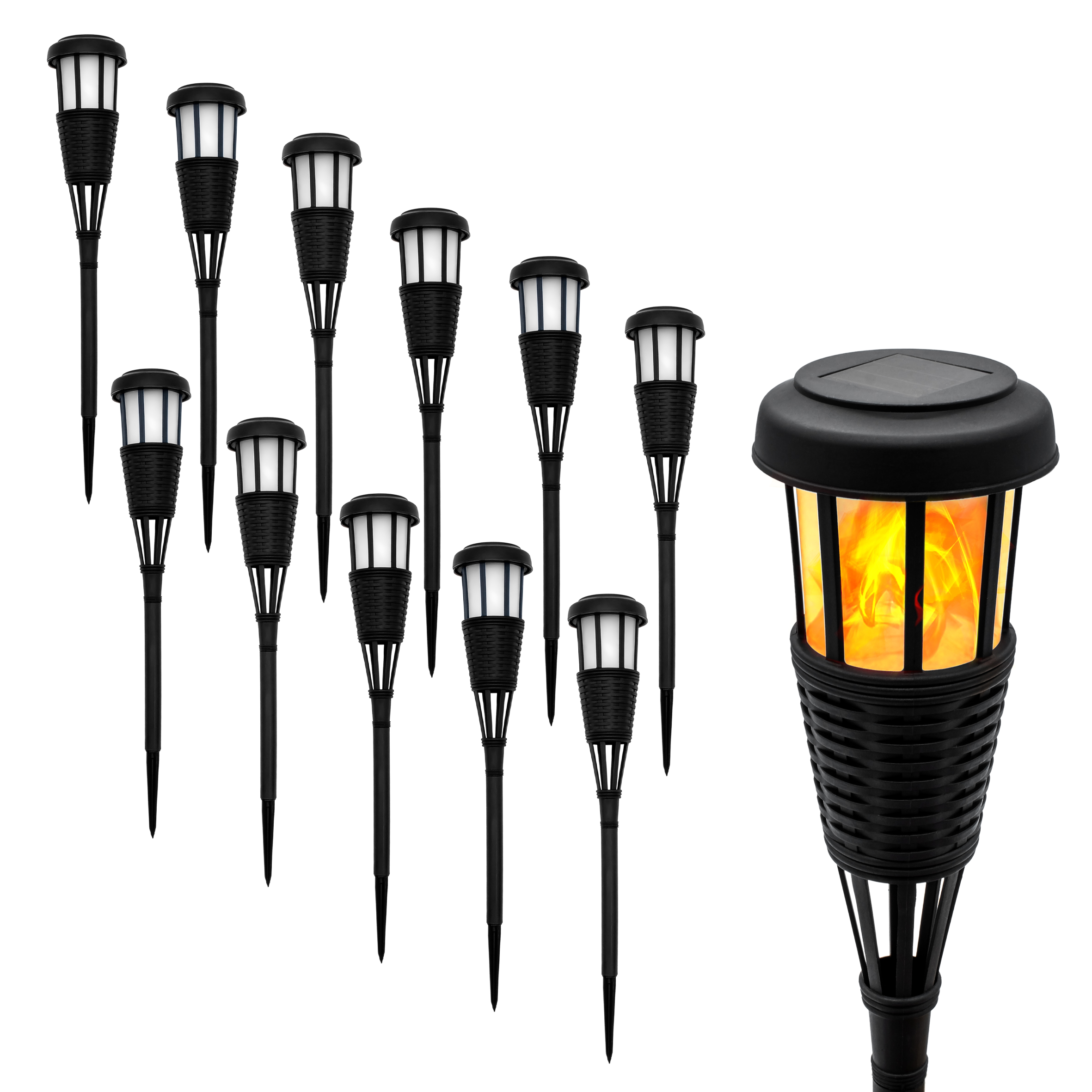 LED Solar Gartenfackel in Rattan Optik - 12er Pack - Solarleuchte 48 x 10 cm mit Flackereffekt