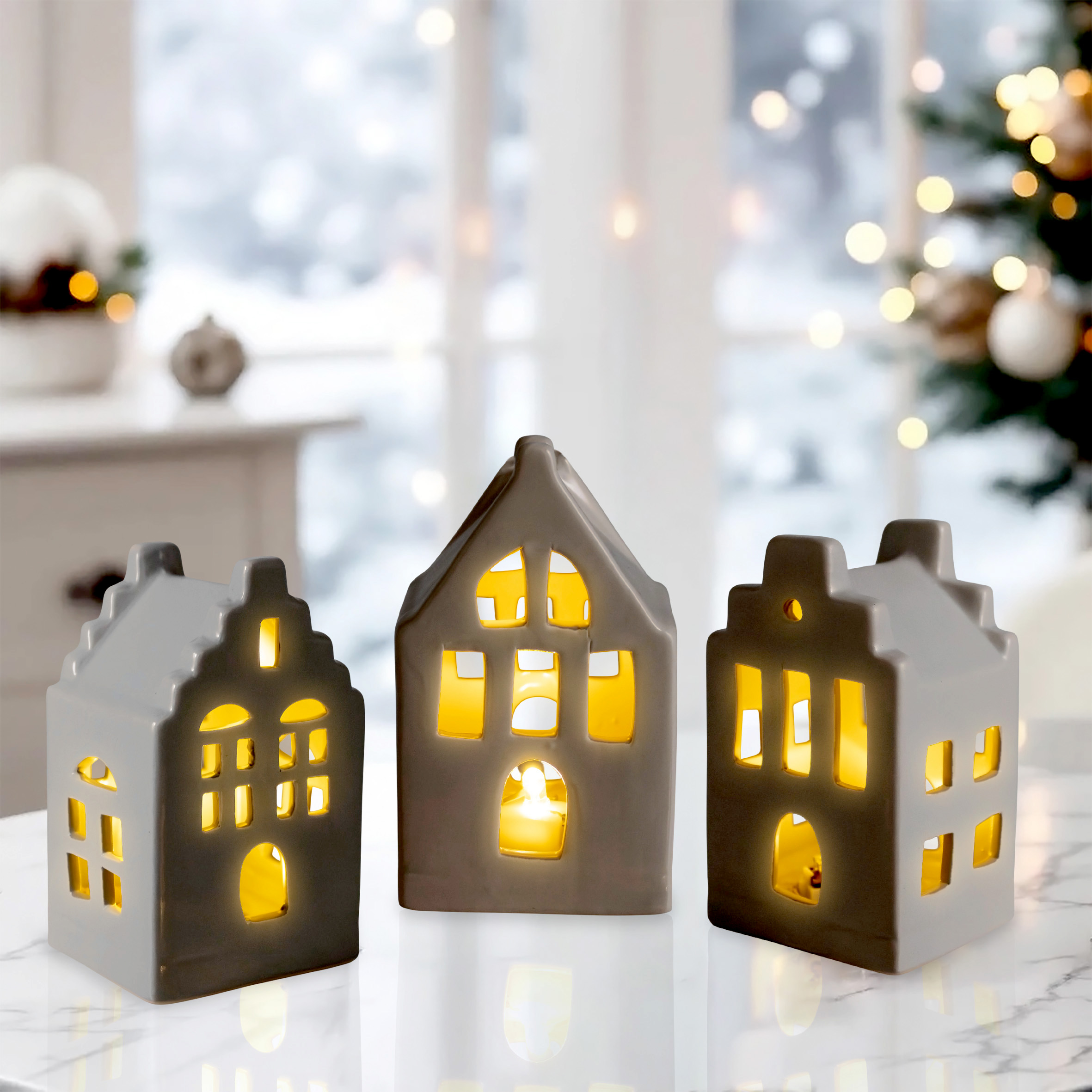 LED Porzellan Haus 11 cm inklusive Batterie - 3er Set - Deko Weihnachtsdorf mit Beleuchtung in warm weiß