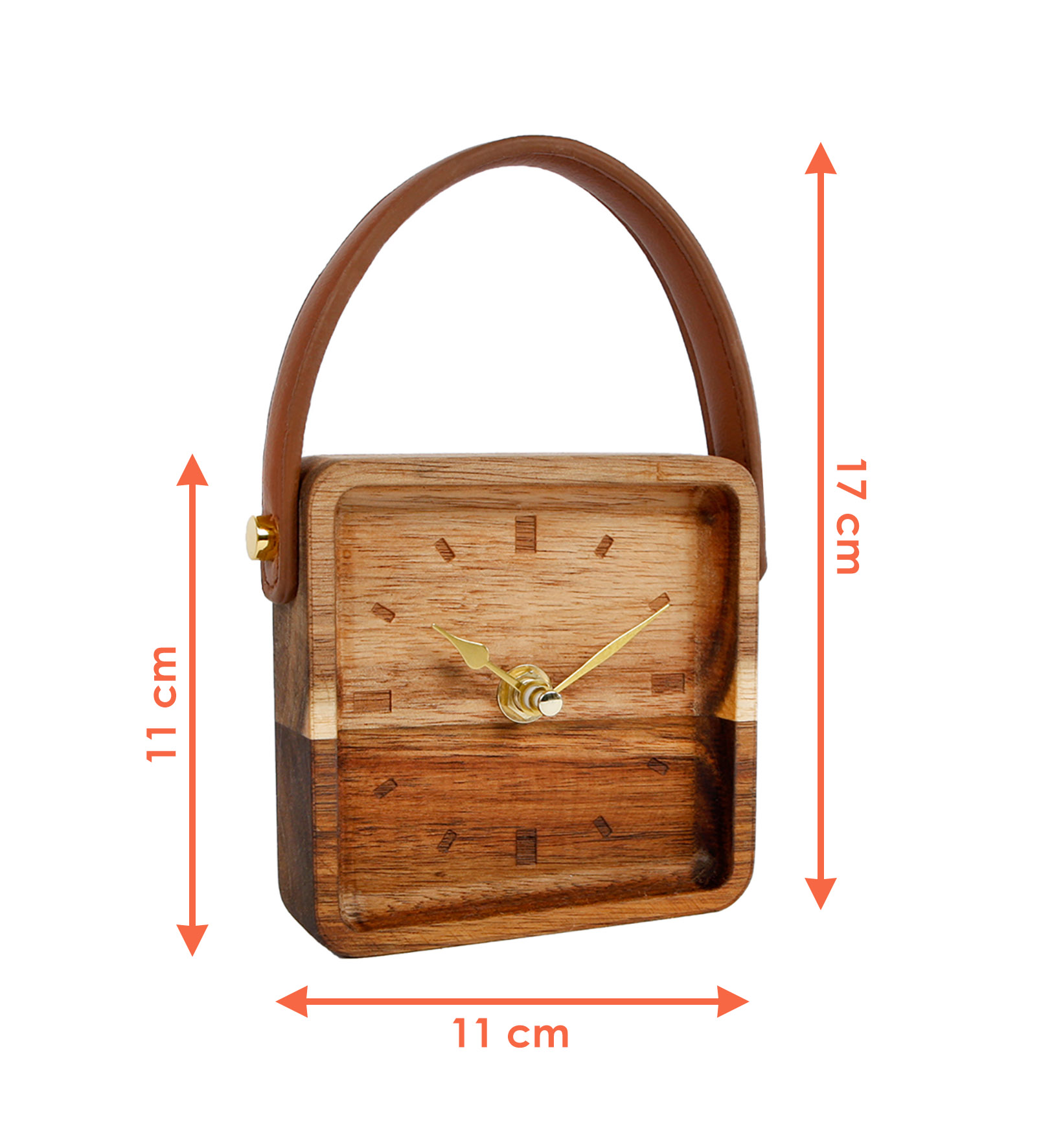 Holz Standuhr mit Griff in Leder Optik - 11 cm - Analog Retro Tischuhr eckig