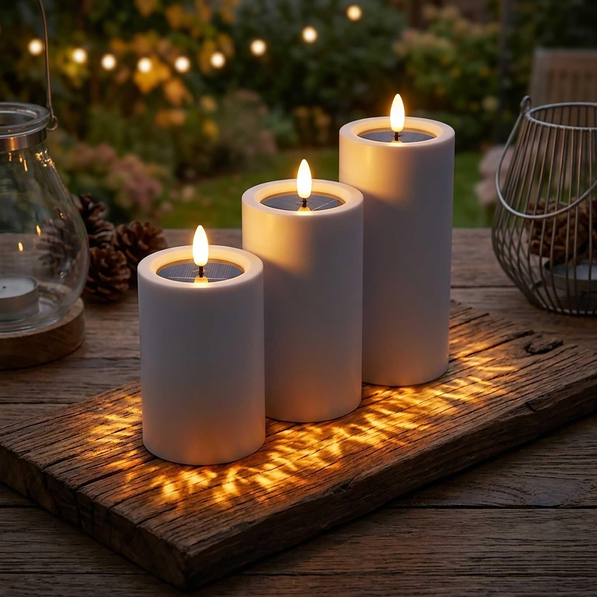 Solar LED Stumpenkerzen mit Flammen Effekt 3er Set - 15 / 12 / 10 cm - Künstliche Kerze warm weiß für Außen mit Flackereffekt