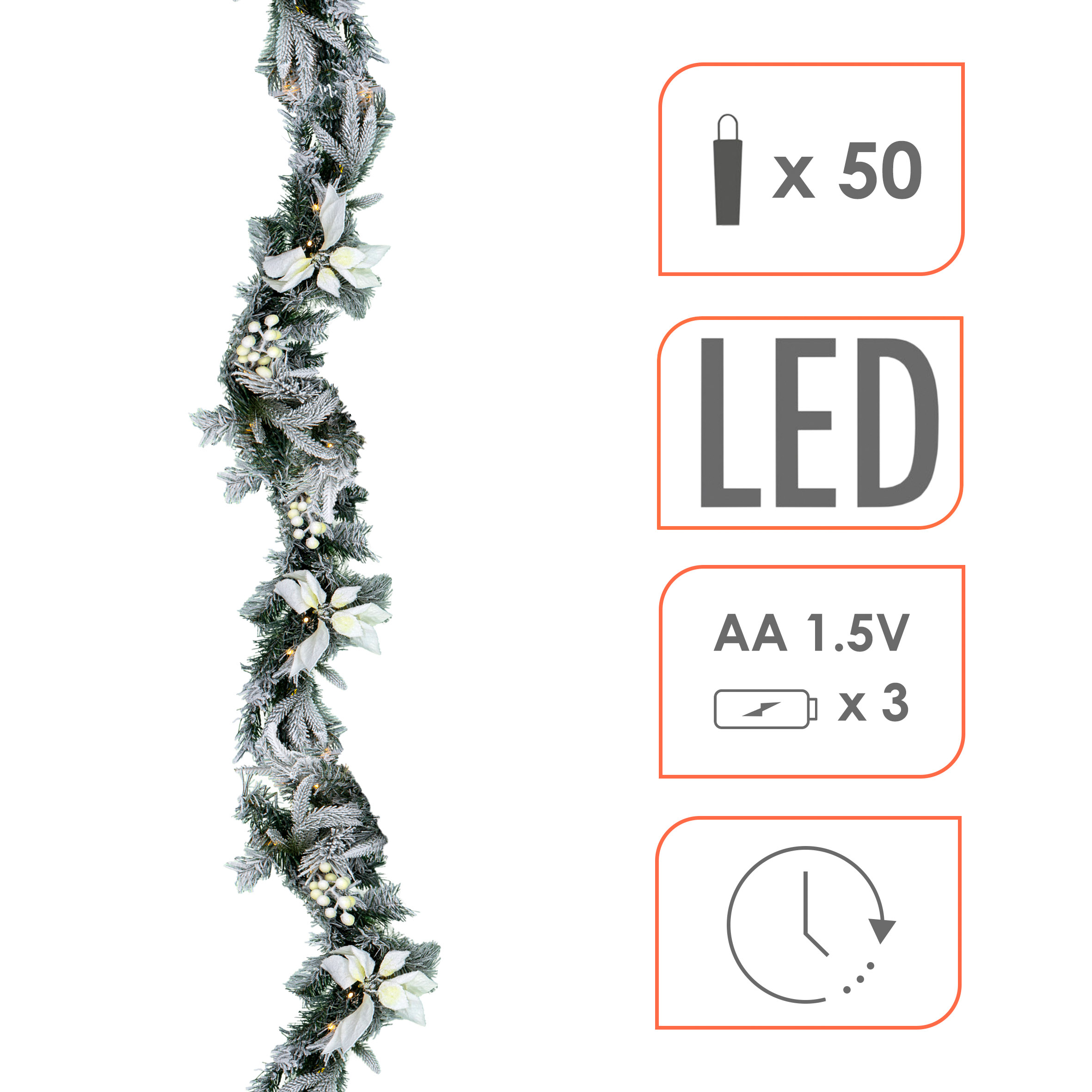 LED Tannengirlande mit Schnee und Blumen warm weiß beleuchtet - 274 cm / 50 LED - Weihnachtsgirlande Batterie betrieben mit Timer