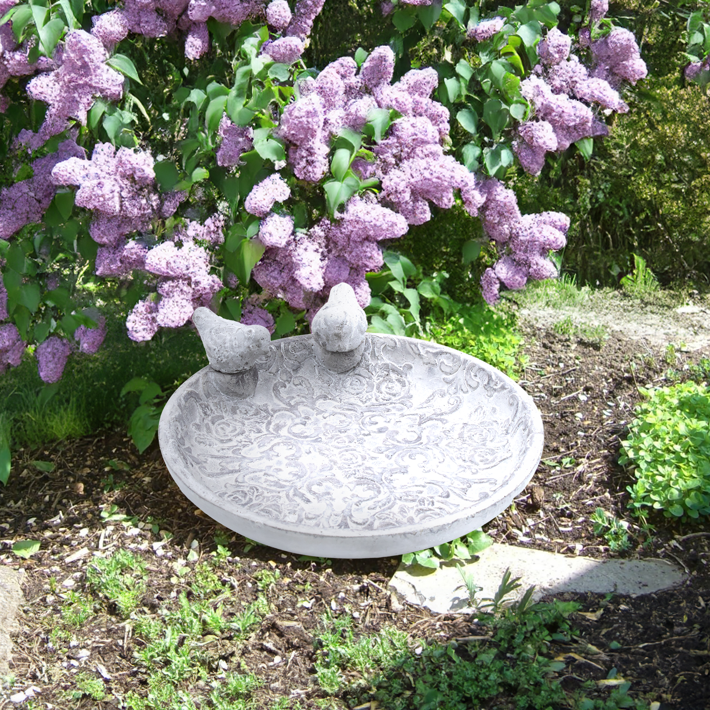 Beton Vogeltränke in grau mit Ornamenten - 24 cm - Vogelbad aus Stein mit Relief Muster