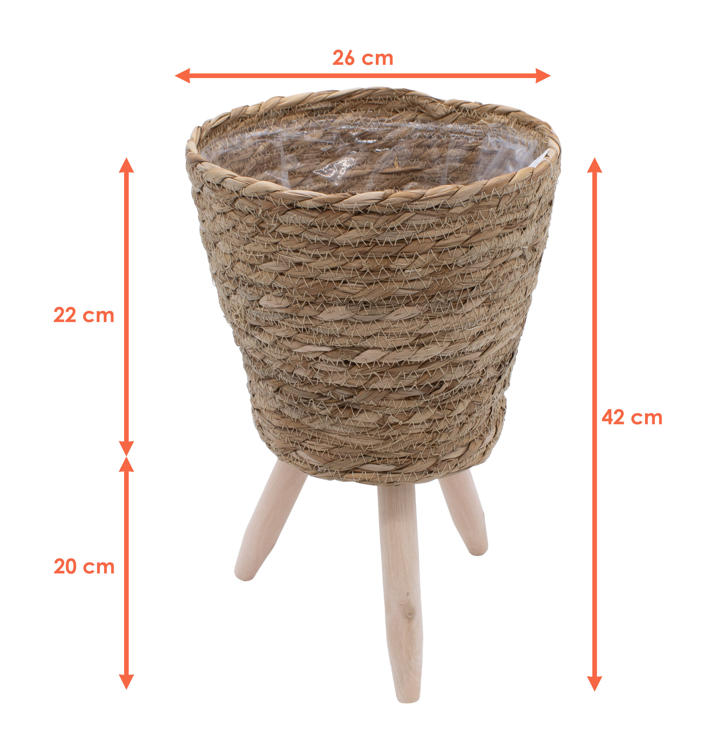 Blumenständer aus Stroh innen mit Folie - 40 x 26 cm - Rattan Pflanzenständer mit 3 Holz Beinen