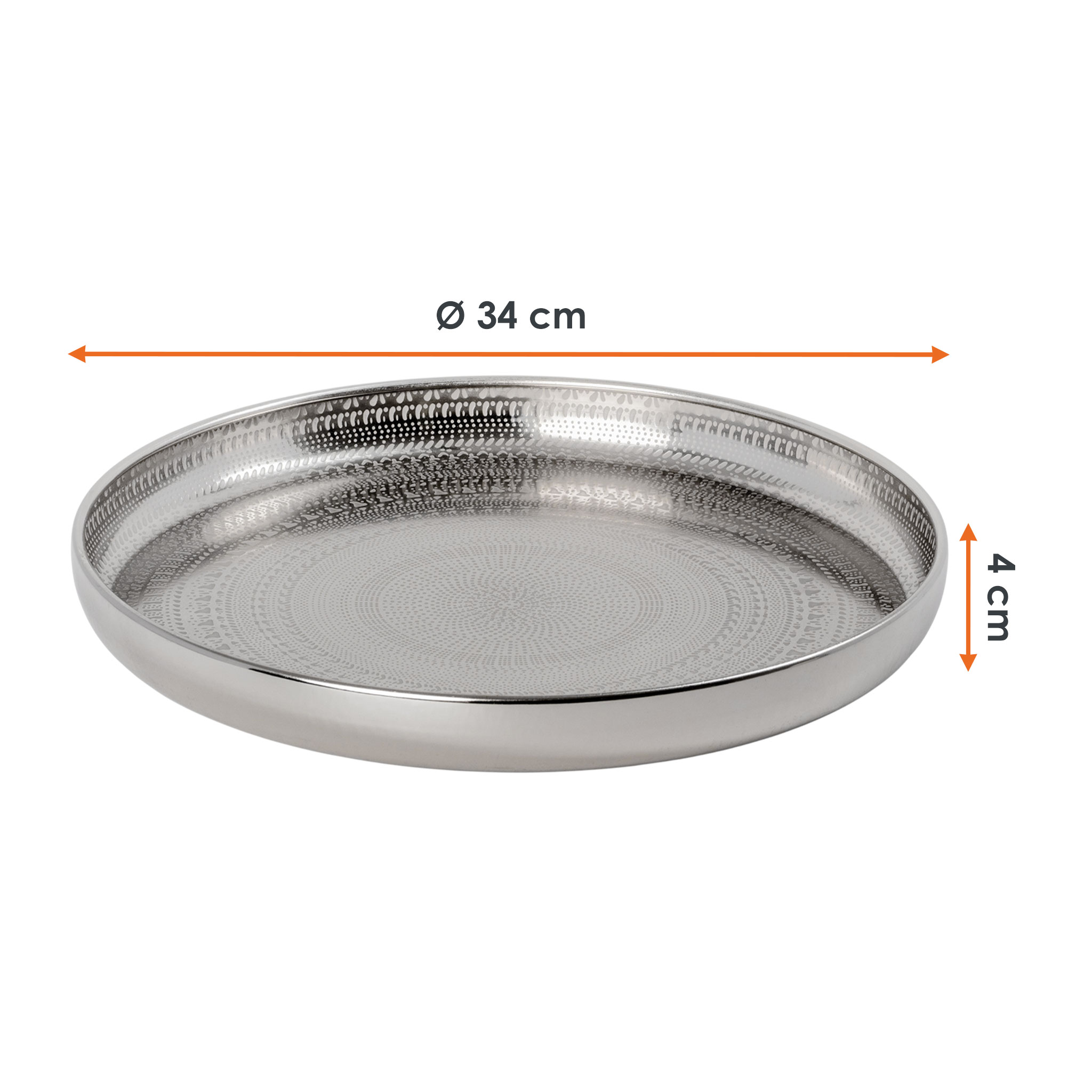 Metall Kerzentablett silber rund im Orient Design - 34 cm - Deko Silbertablett glänzend mit erhöhtem Rand