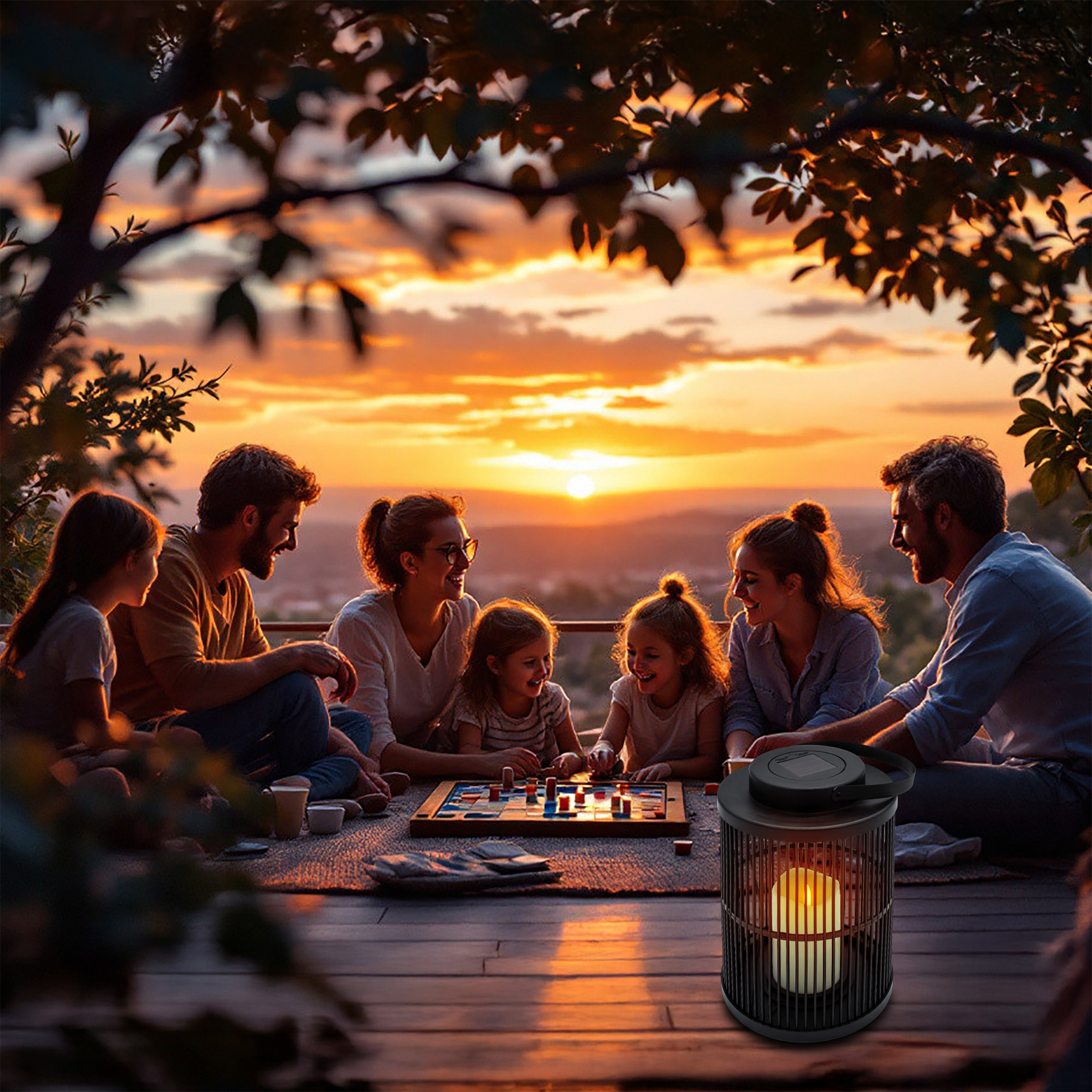 Solar Laterne rund mit LED Kerze - 23 x 18 cm - Gartenleuchte schwarz im Gitter Design
