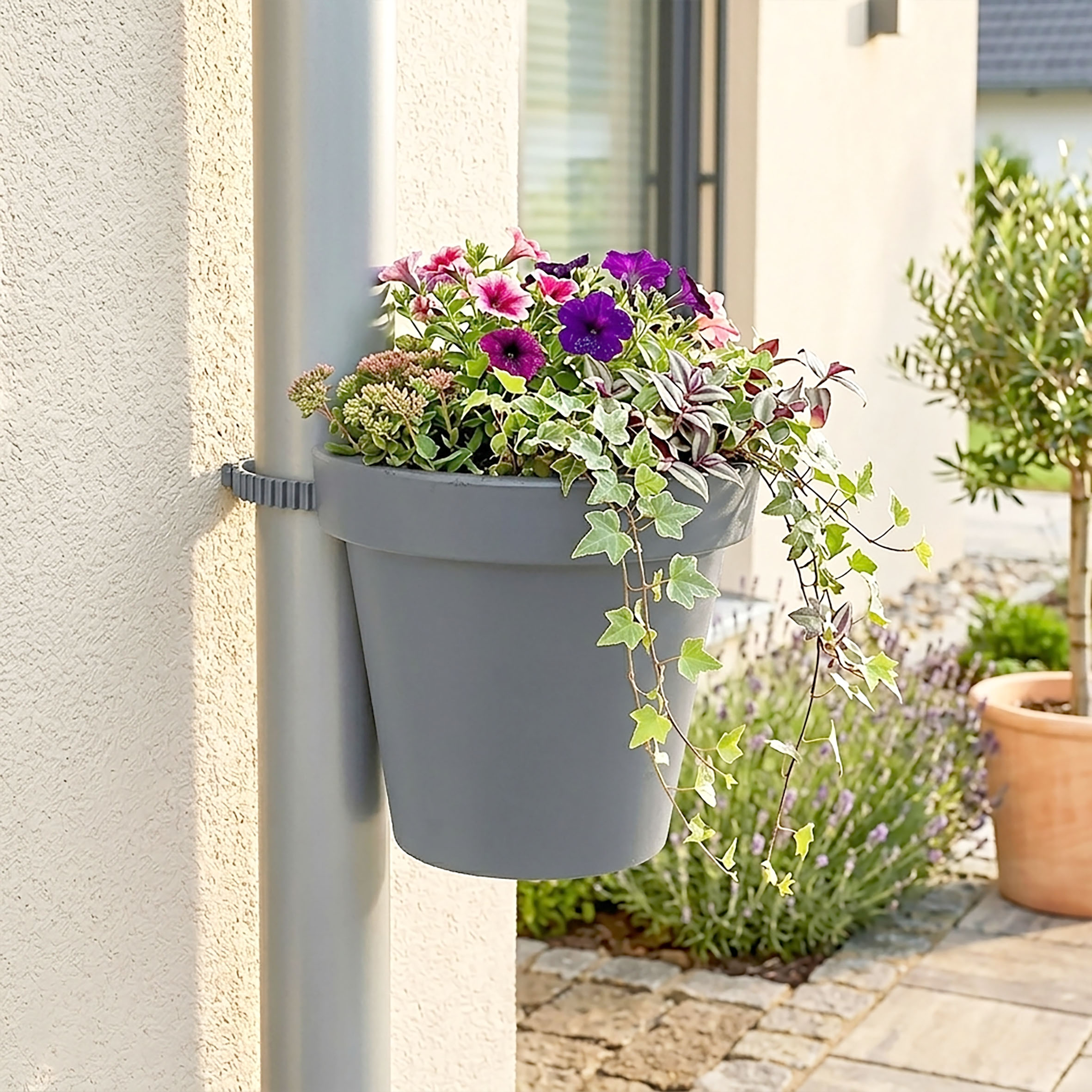 Kunststoff Blumentopf für Regenrohr - grau - Pflanztopf mit Befestigungsgurt für Fallrohr