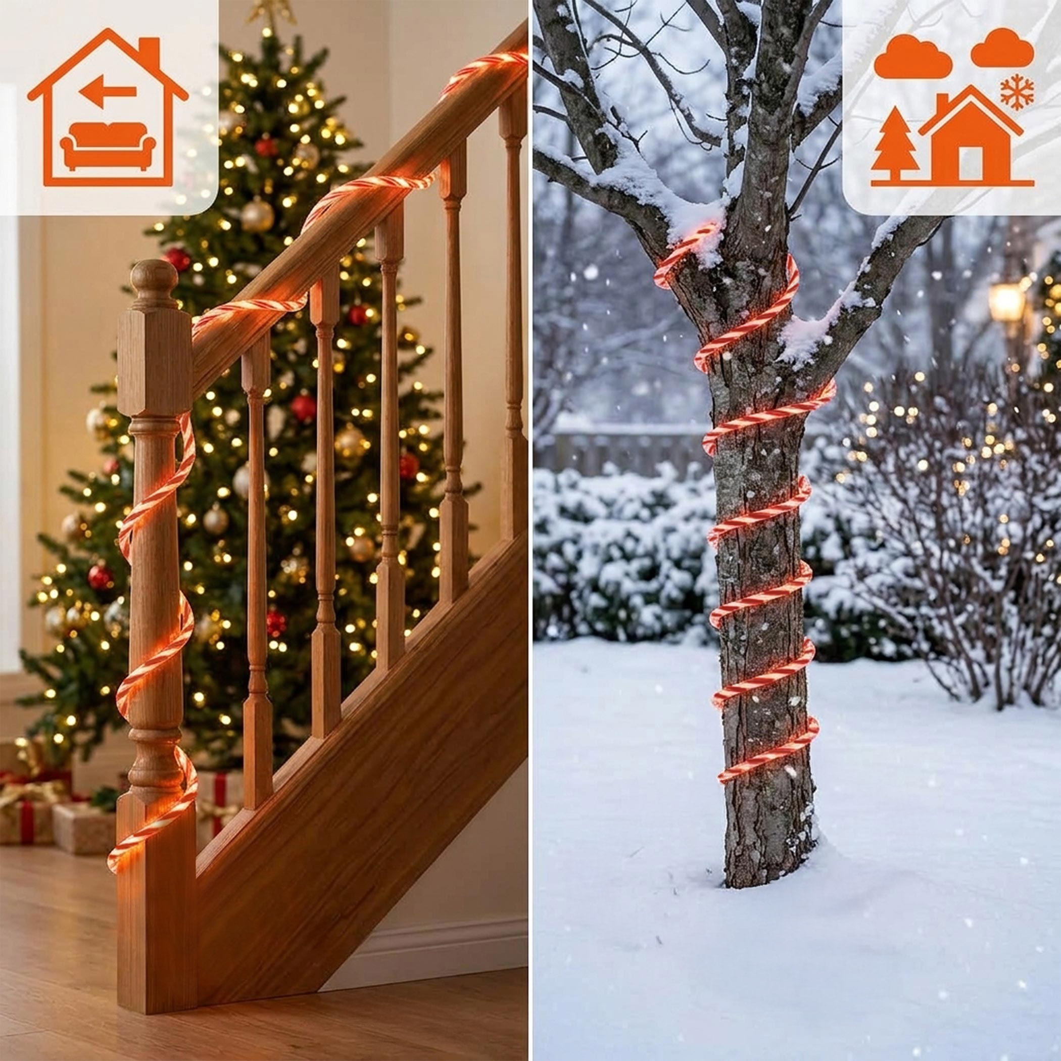 Zuckerstange Lichtschlauch warm weiß für Außen mit Timer - 100 LED - Outdoor Weihnachts Lichterkette rot-weiß gestreift