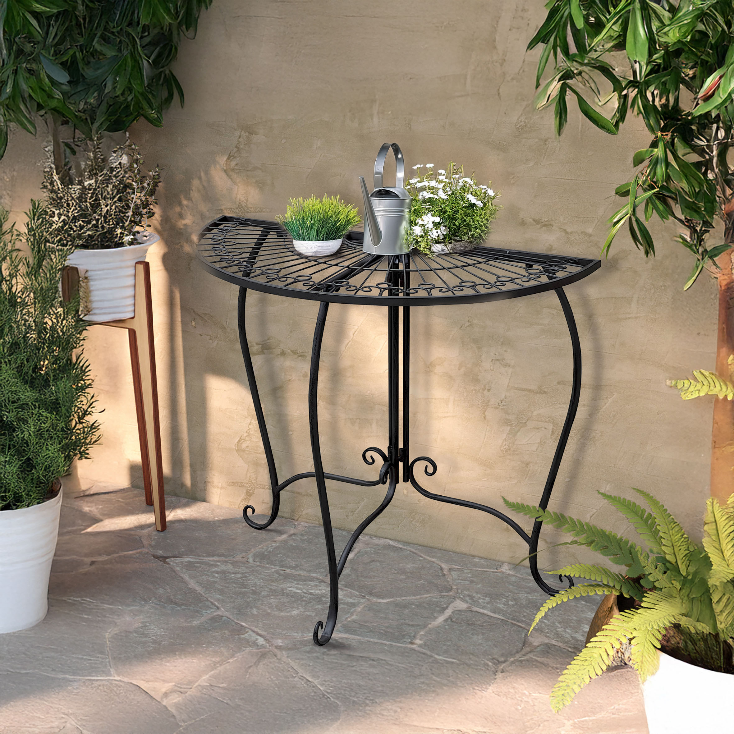Metall Beistelltisch halbrund schwarz - 80 x 71 cm - Gartentisch im Romantic Vintage Design