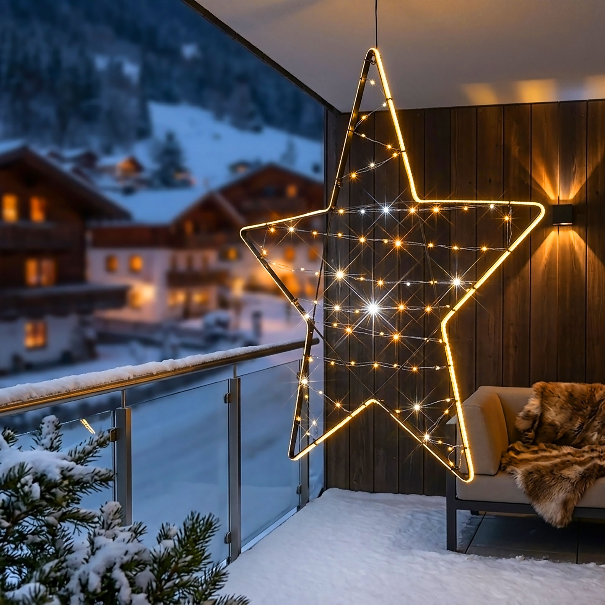 Metall Leuchtstern 80 LEDs mit Timer und Netzteil für Außen - 62 cm - Weihnachtsstern beleuchtet im warm & kalt weiß Mix mit LED Band