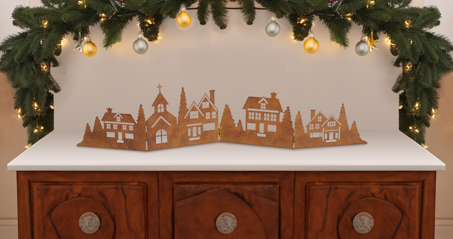 Deko Häuserzeile aus Metall klappbar 77 x 17 cm - rost, grau oder schwarz - Weihnachtsstadt Silhouette zur Tischdekoration