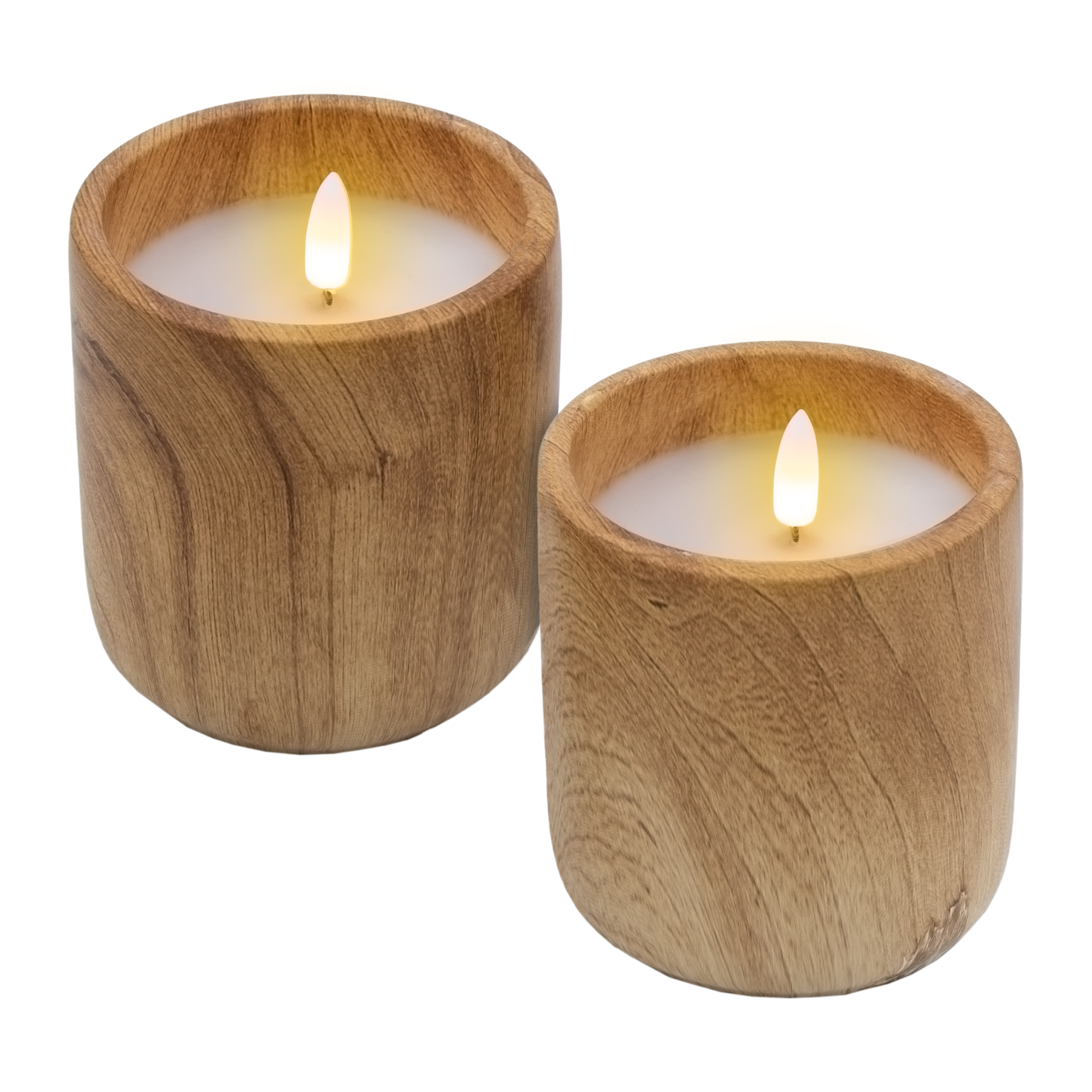 LED Keramik Kerze mit Holz Optik 10 x 9 cm - 2er Set - Künstliche Kerze Batterie betrieben mit Timer