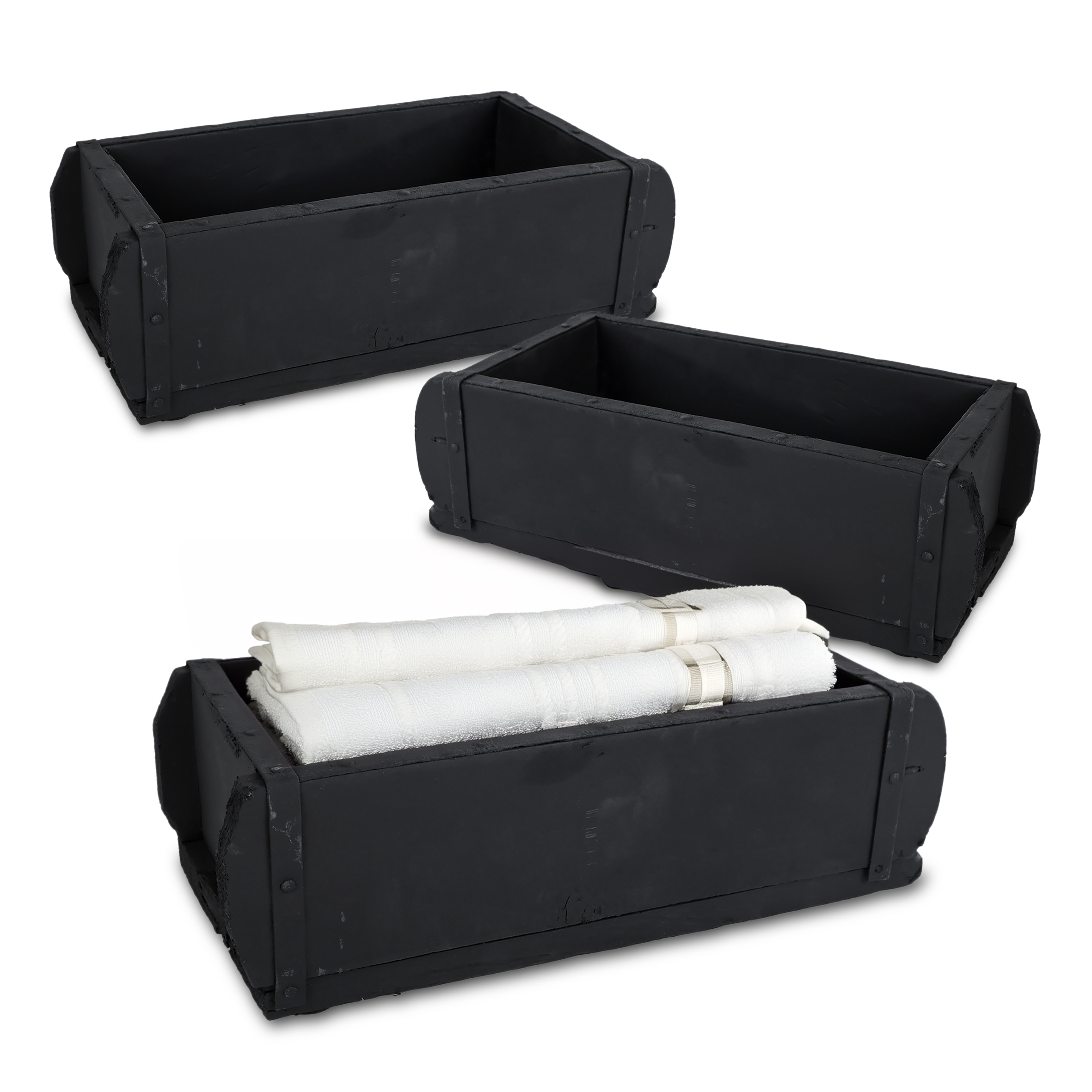 Ziegelform Holz Kiste in schwarz 30 x 15 cm - 3er Set - Vintage Deko Kiste aus Altholz mit Metall Beschlägen