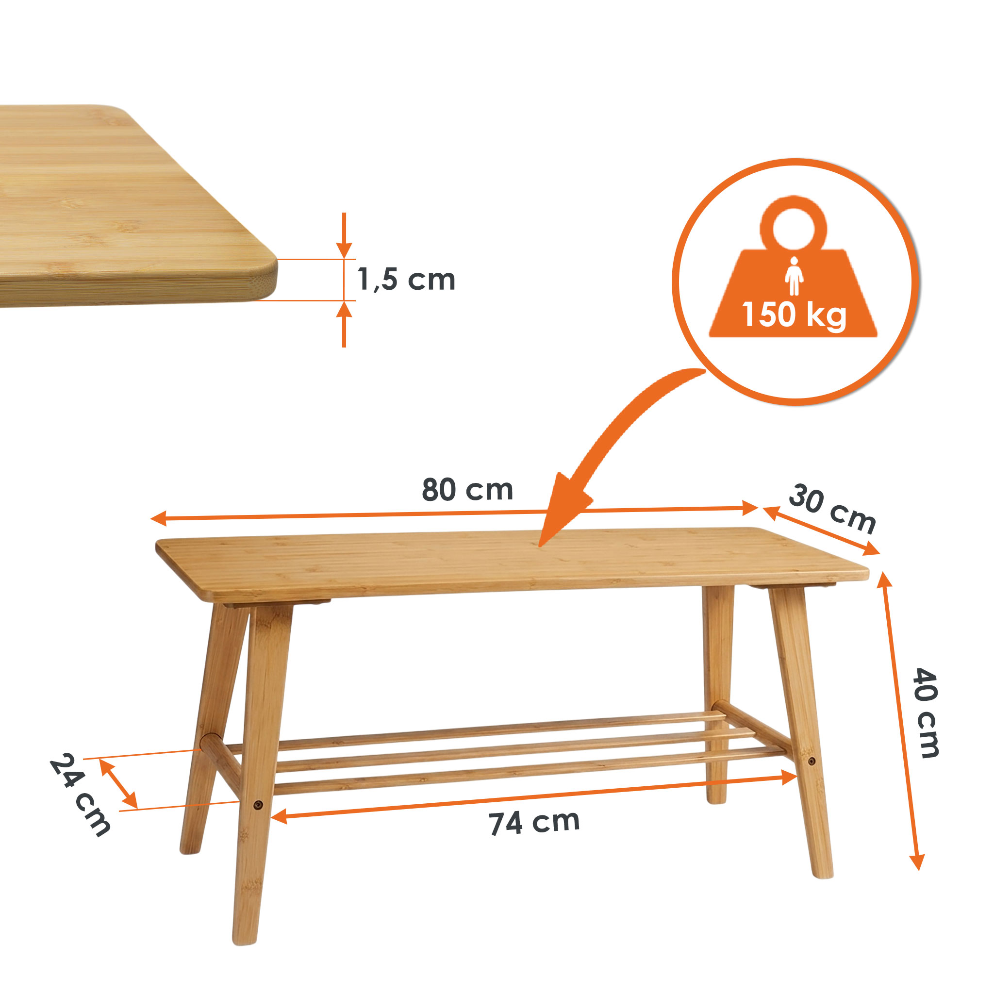 Schuhbank aus Bambus Holz mit integrierter Ablage - 80 x 40 cm - Massivholz Sitzbank mit Schuhablage