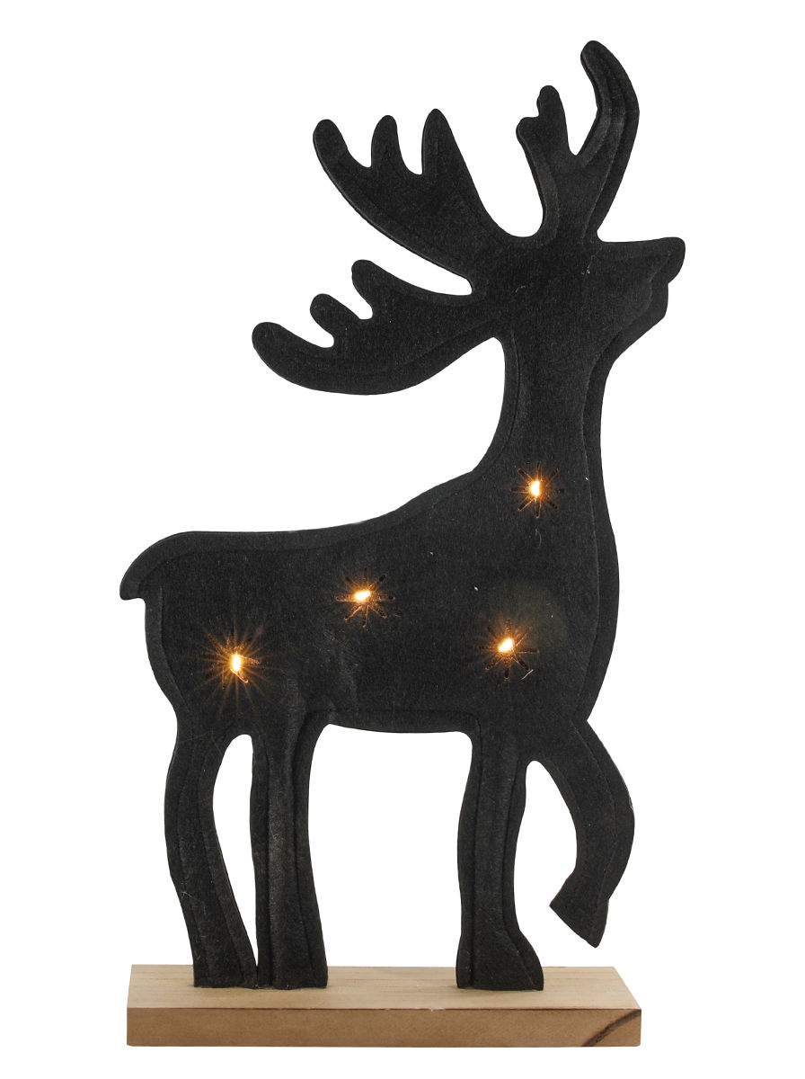 LED Filz Rentier mit Holzfuß - 42 cm - Weihnachts Tisch Fenster Deko Aufsteller beleuchtet - Batterie betrieben