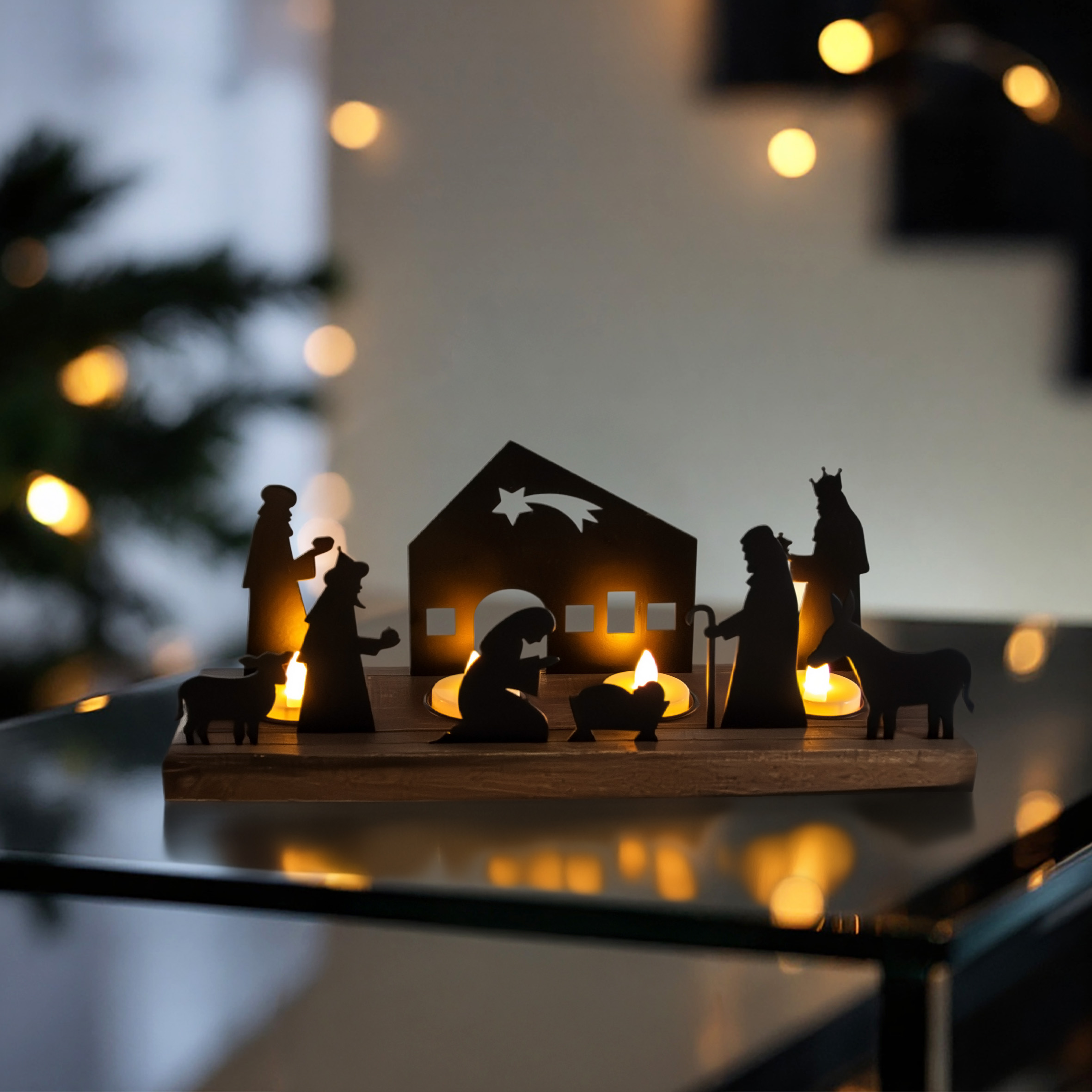 Teelichthalter Krippen Figuren schwarz - 32 x 9 cm - Weihnachtsdorf Silhouette mit Haltern für 4 Teelichter