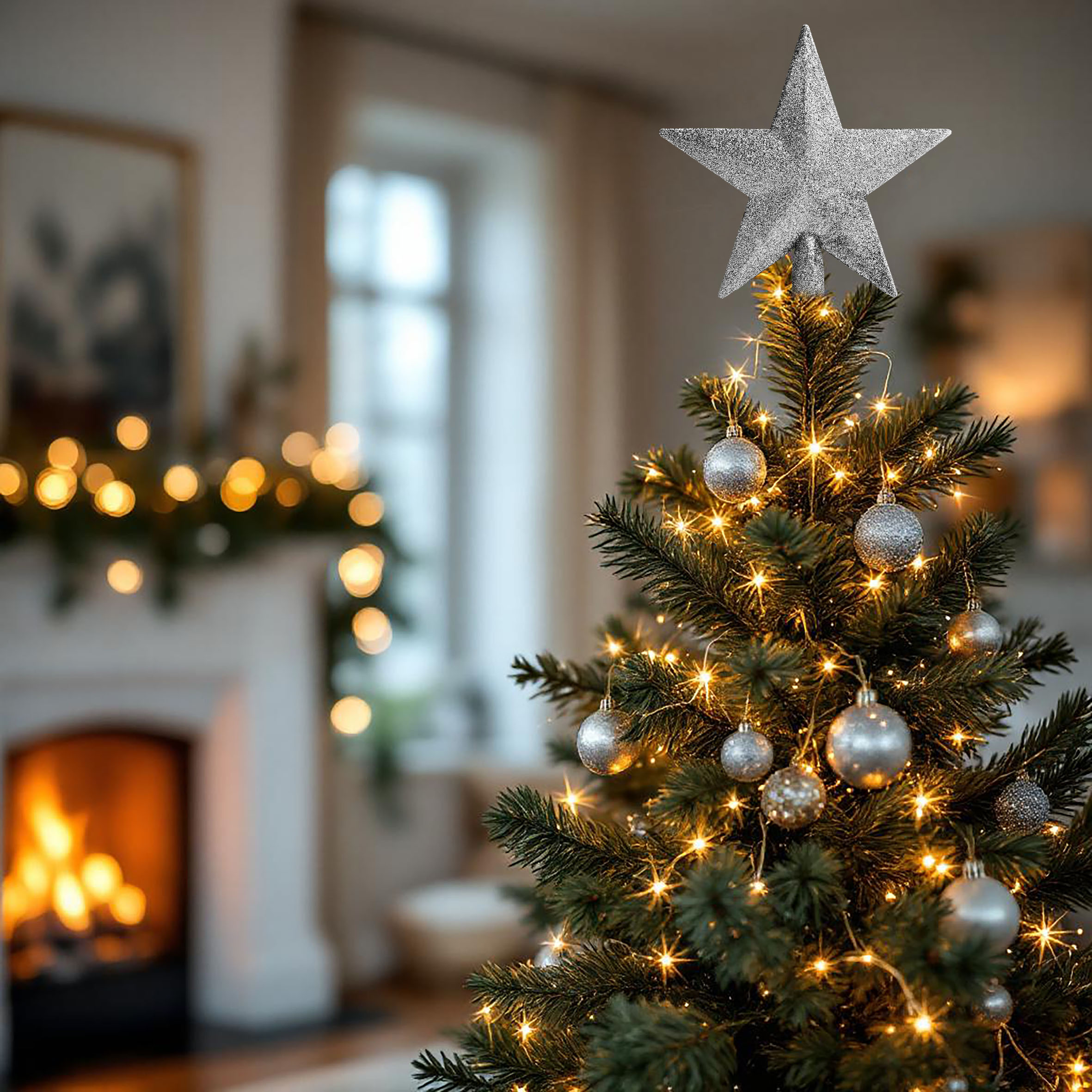 Weihnachtsbaum Spitze 20 cm mit Glitzer - silber -   Christbaumspitze 3D Weihnachtsstern