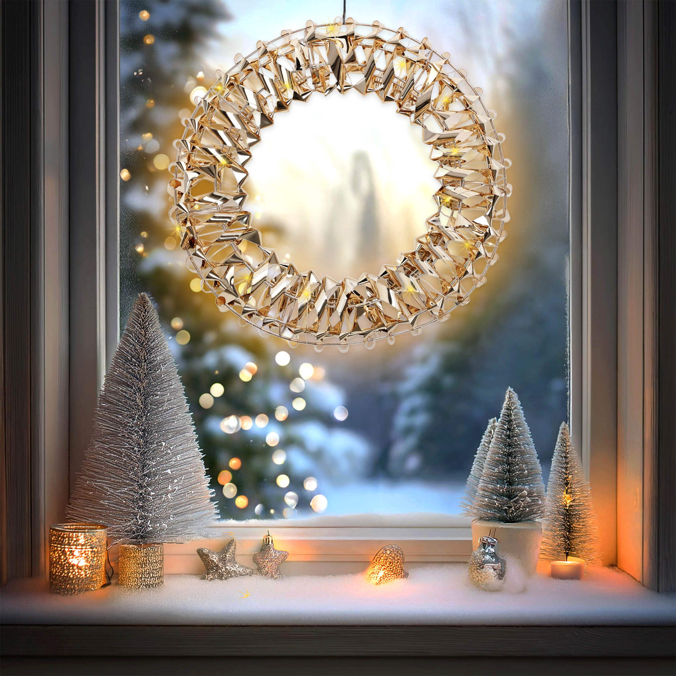 Goldener Ring mit 3D Effekt und Timer  - 30 cm - aus Metall mit LED Lichterkette umwickelt Batterie betrieben