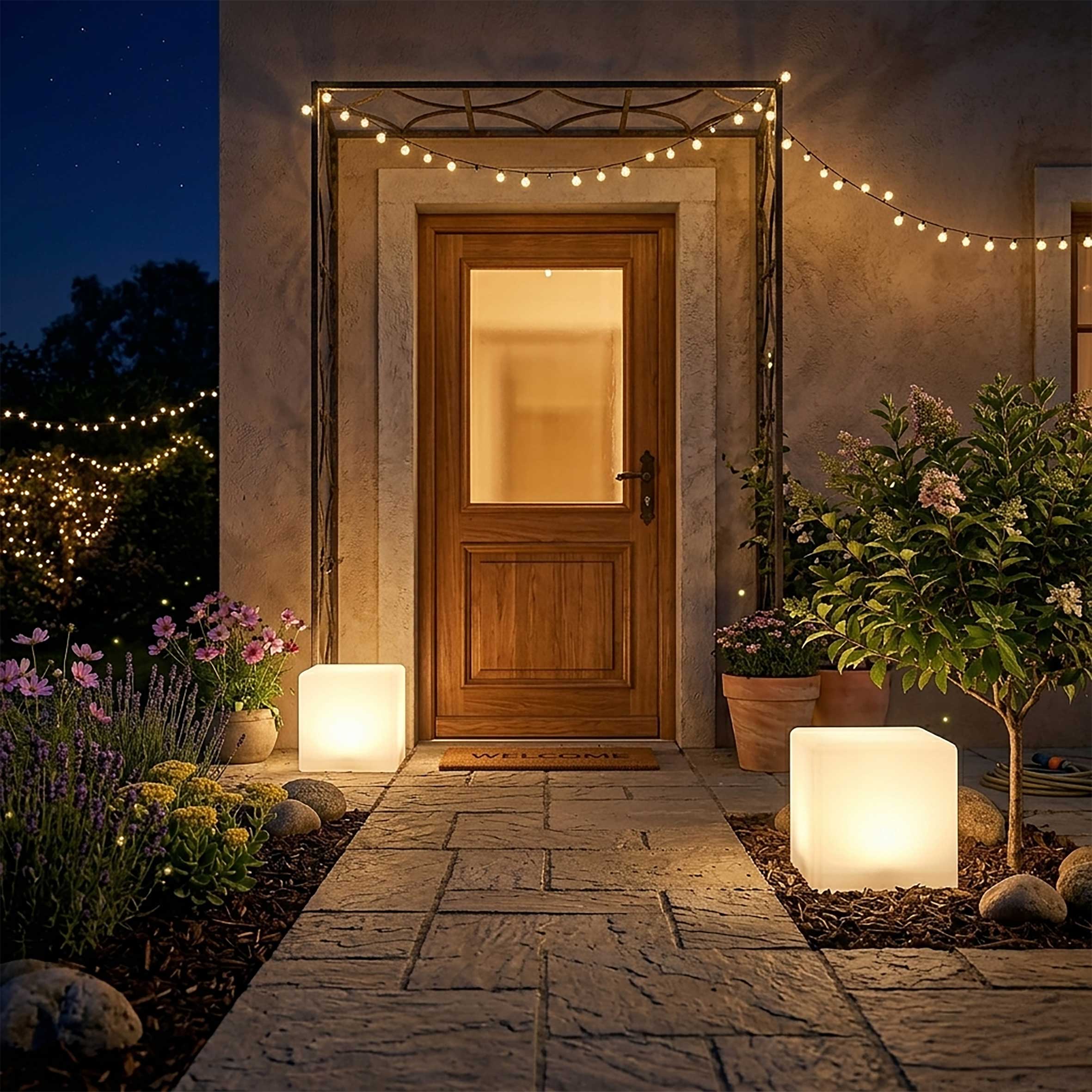 LED Solar Kunststoff Würfelleuchte warm weiß - 20 cm - Garten Deko Beleuchtung mit Milchglas Optik