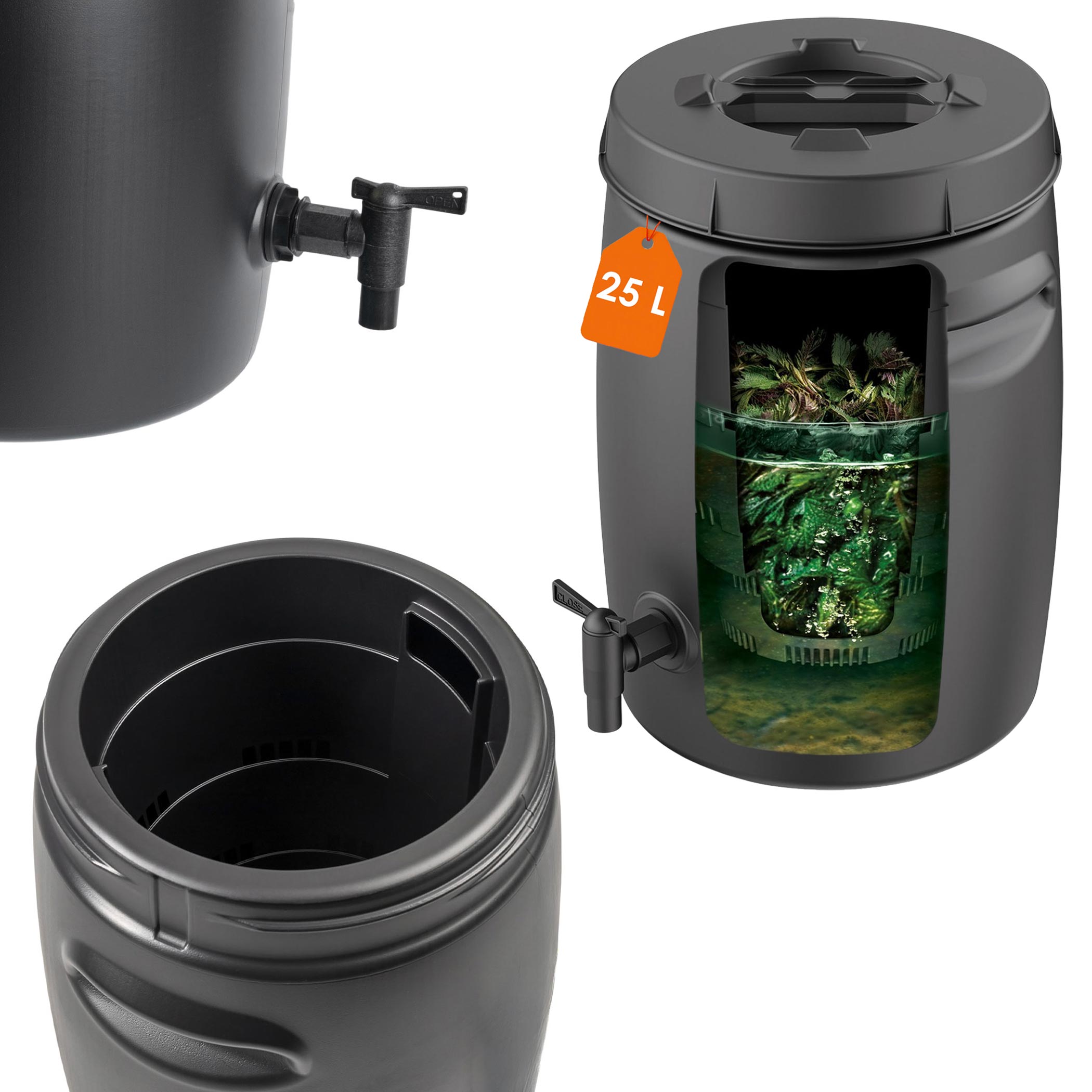 Fass zur Herstellung von organischem Dünger - 25 l - Kunststoff Dünger Tank 42 x 29 cm anthrazit