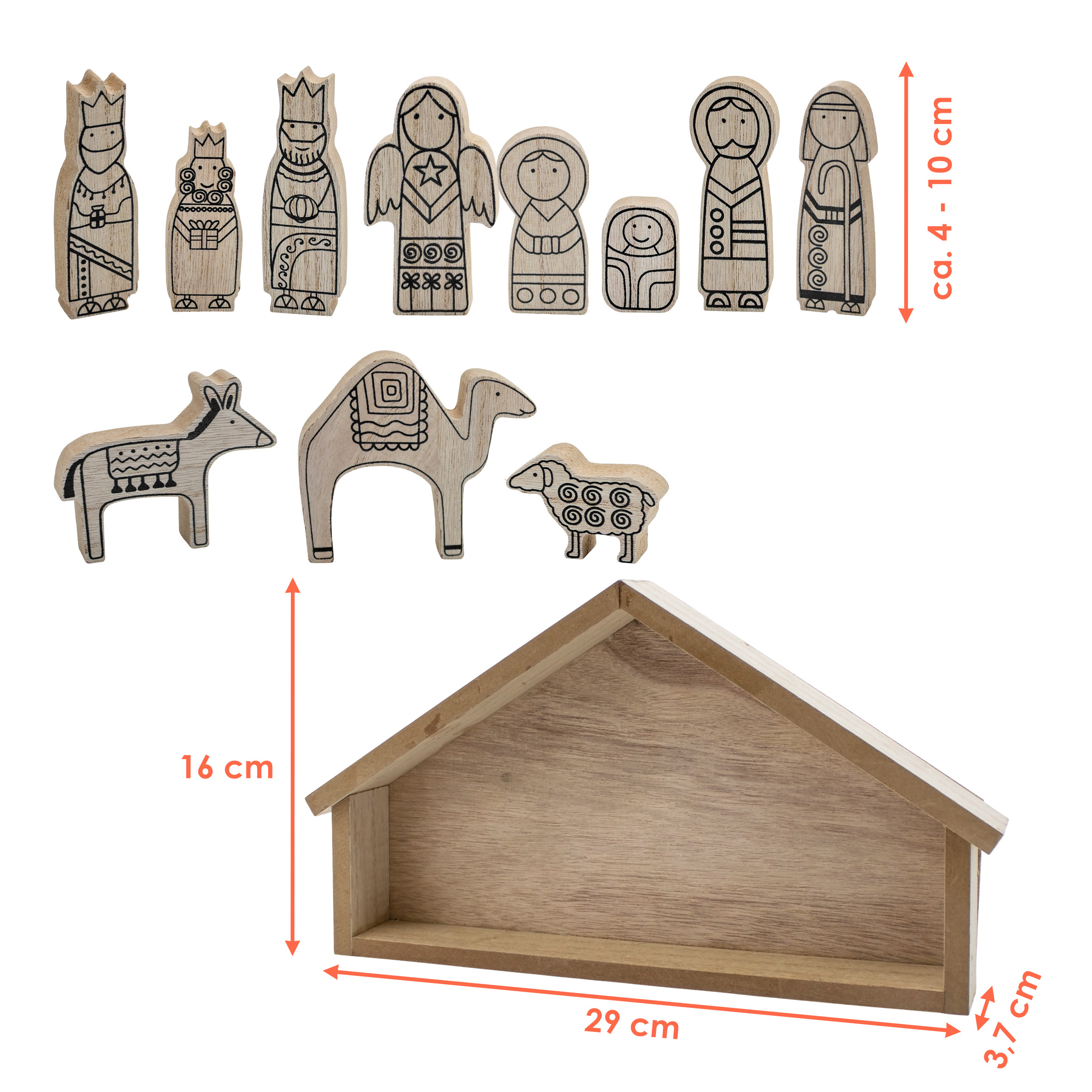 Weihnachts Krippenstall und Figuren aus Holz natur - 12 teilig - Weihnachtskrippe mit Stall und 11 Holzfiguren