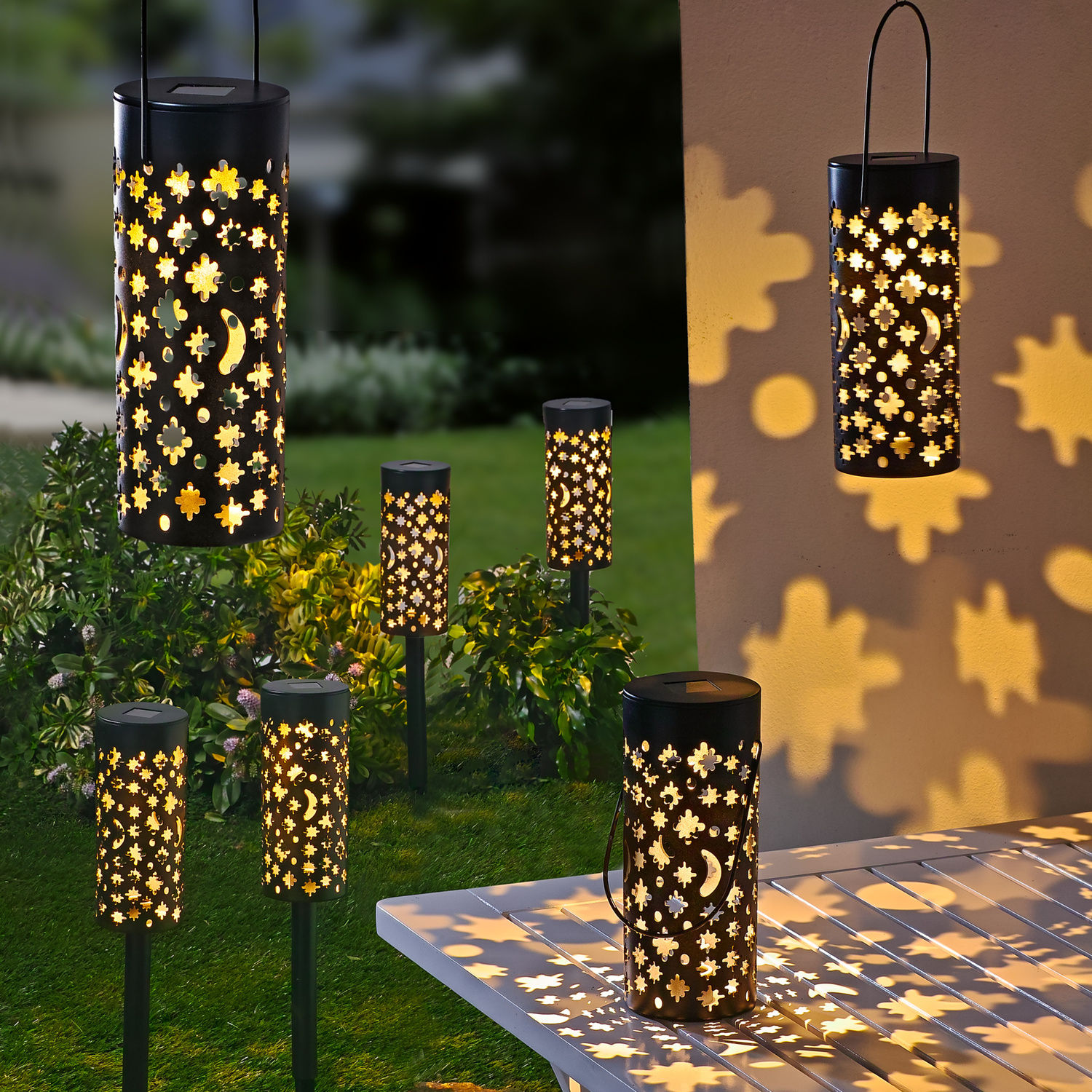 LED Garten Solar Leuchten 3-in-1 schwarz 2er Set - 18 x 7,5 cm - Deko Lampen zum Stellen Hängen oder Stecken