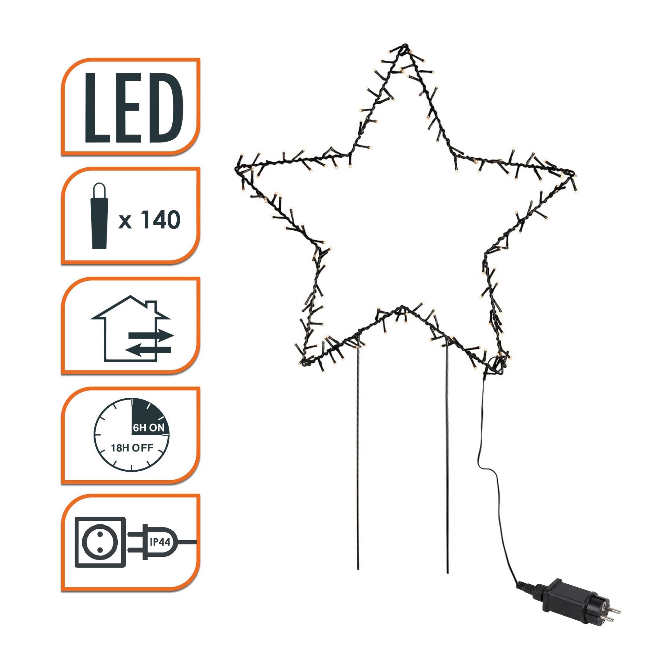 XL Leuchtstern Gartenstecker schwarz 60 cm mit Netzteil - 140 LED - Weihnachtsstern Silhouette warm weiß beleuchtet für Außen und Innen mit Timer
