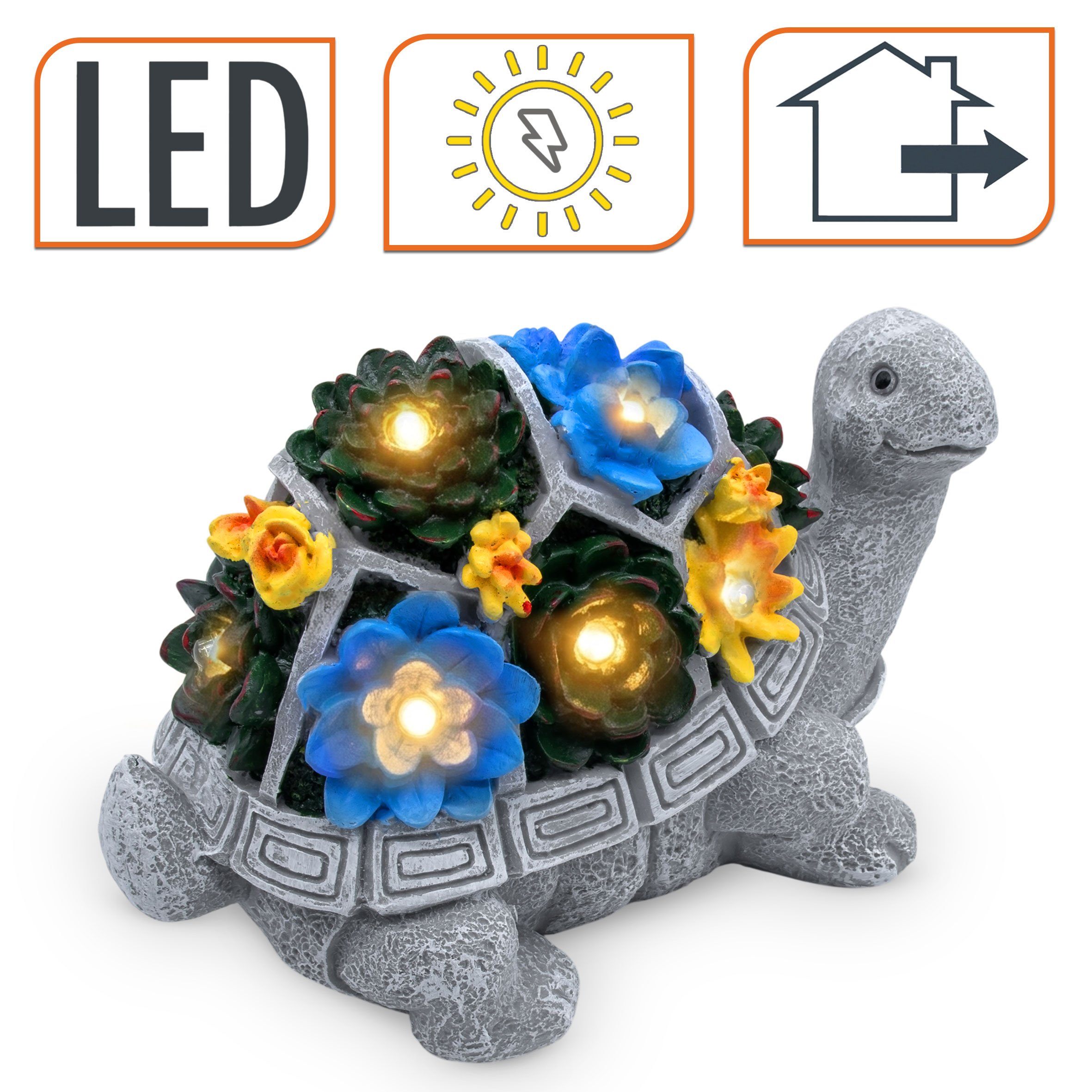 Solar Gartenfigur Schildkröte mit leuchtenden Blumen - 26 x 17 cm - Gartendeko Tierfigur warm weiß beleuchtet für Außen