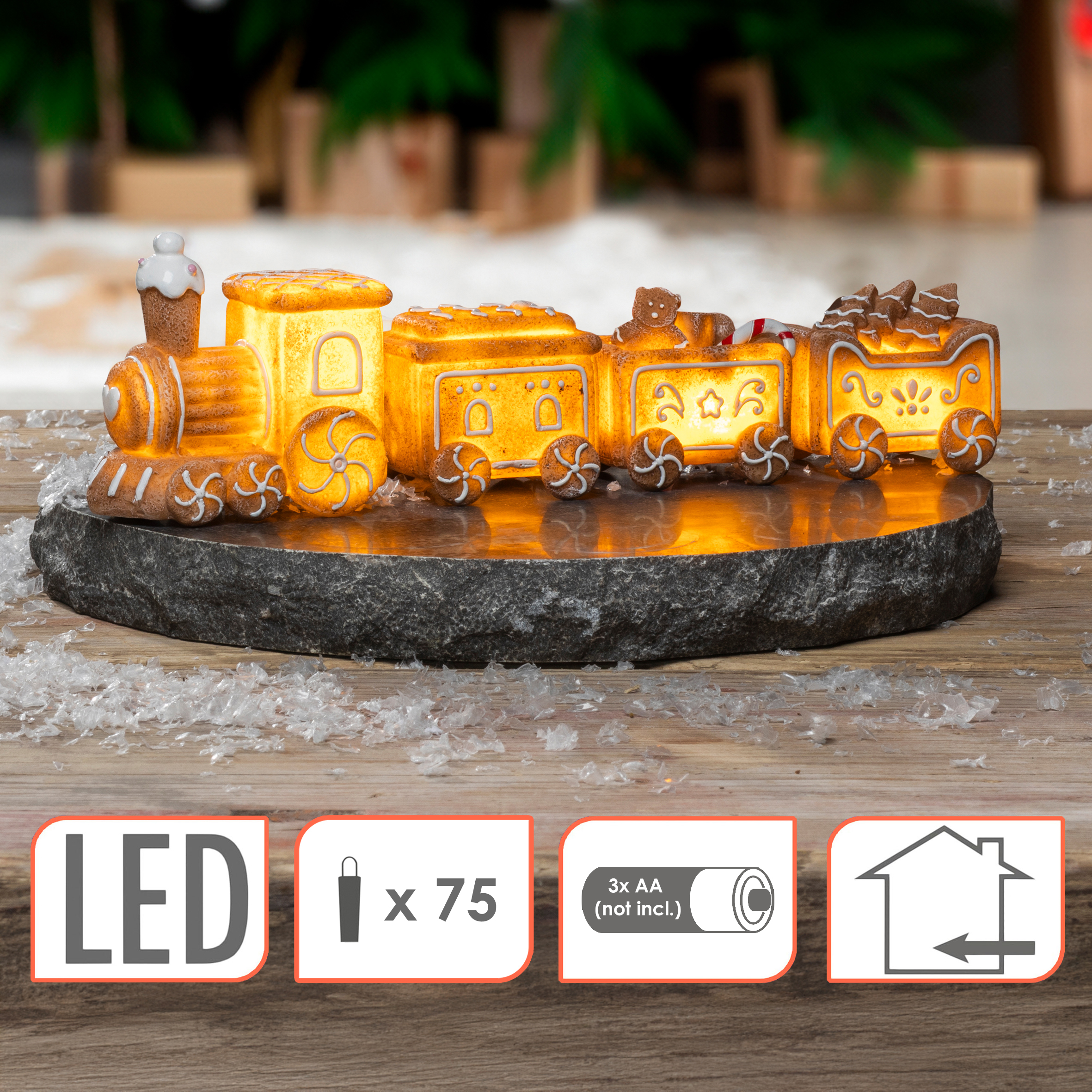 LED Lebkuchen Weihnachtszug Aufsteller warm weiß - 4-teilig - Deko Zug beleuchtet Batterie betrieben