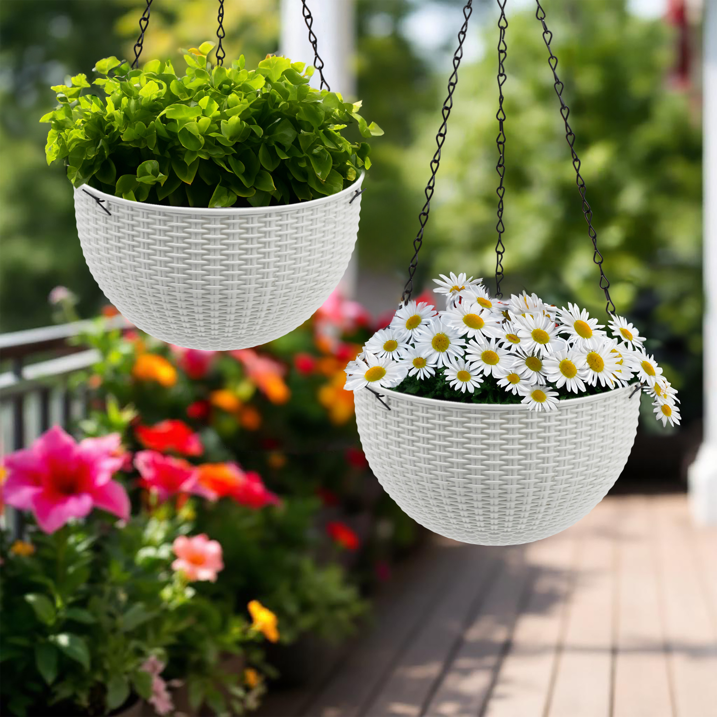Blumenampel weiß in Rattan Optik 23 cm - 2er Set
